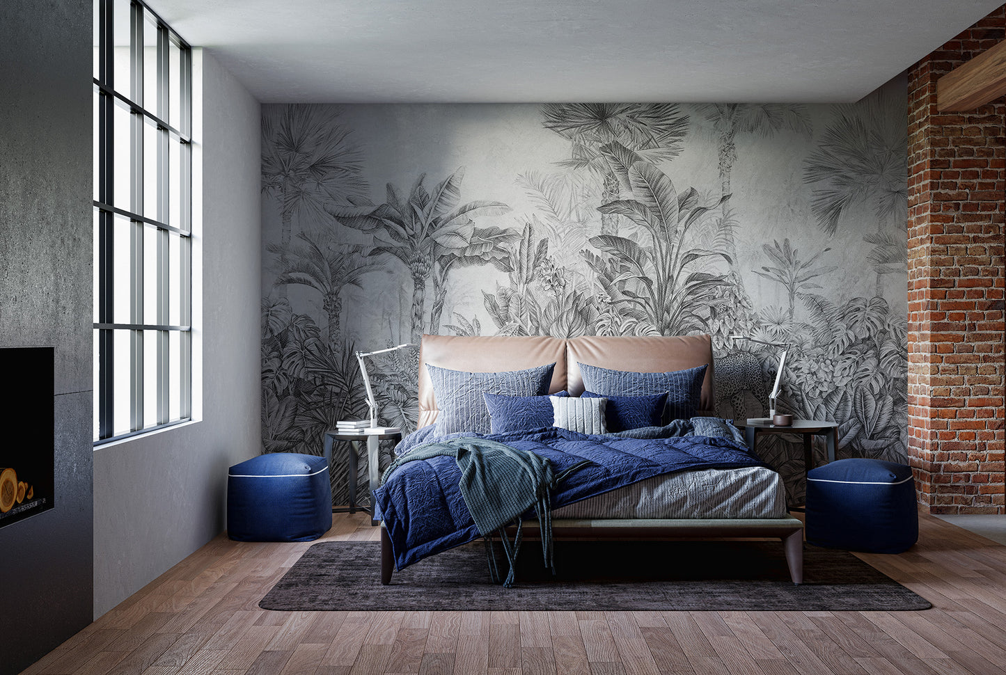 Tranquil grey jungle mural with leopard for modern spaces
