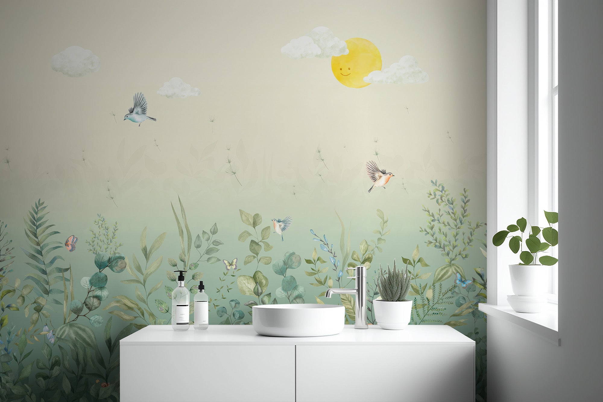 Sunshine-filled garden mural with vivid botanical art