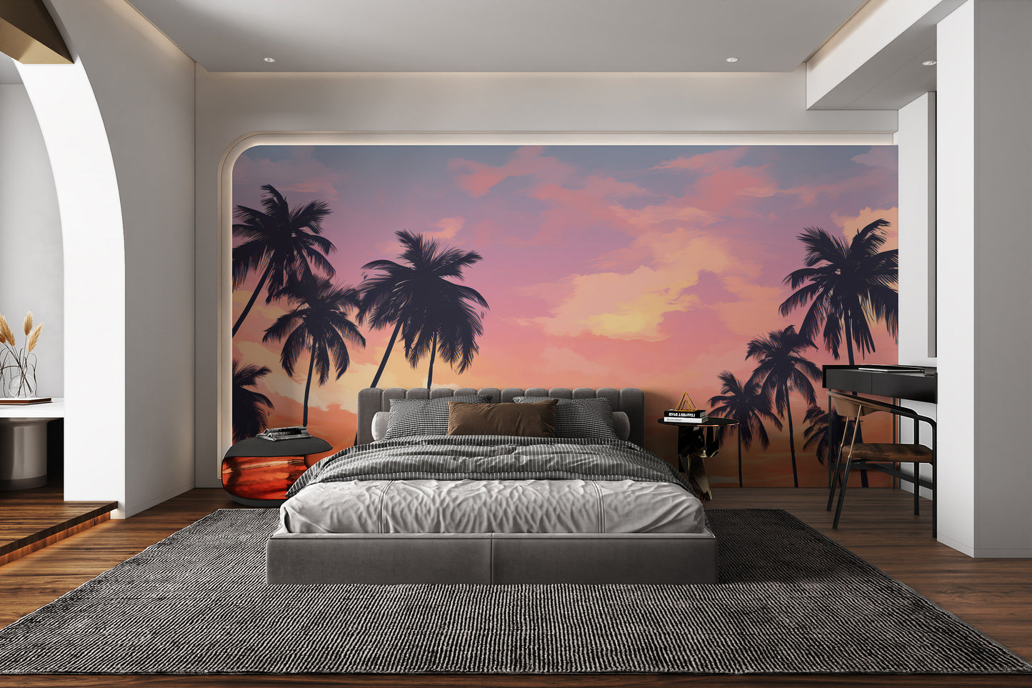 Beach sunset palm tree wall mural
