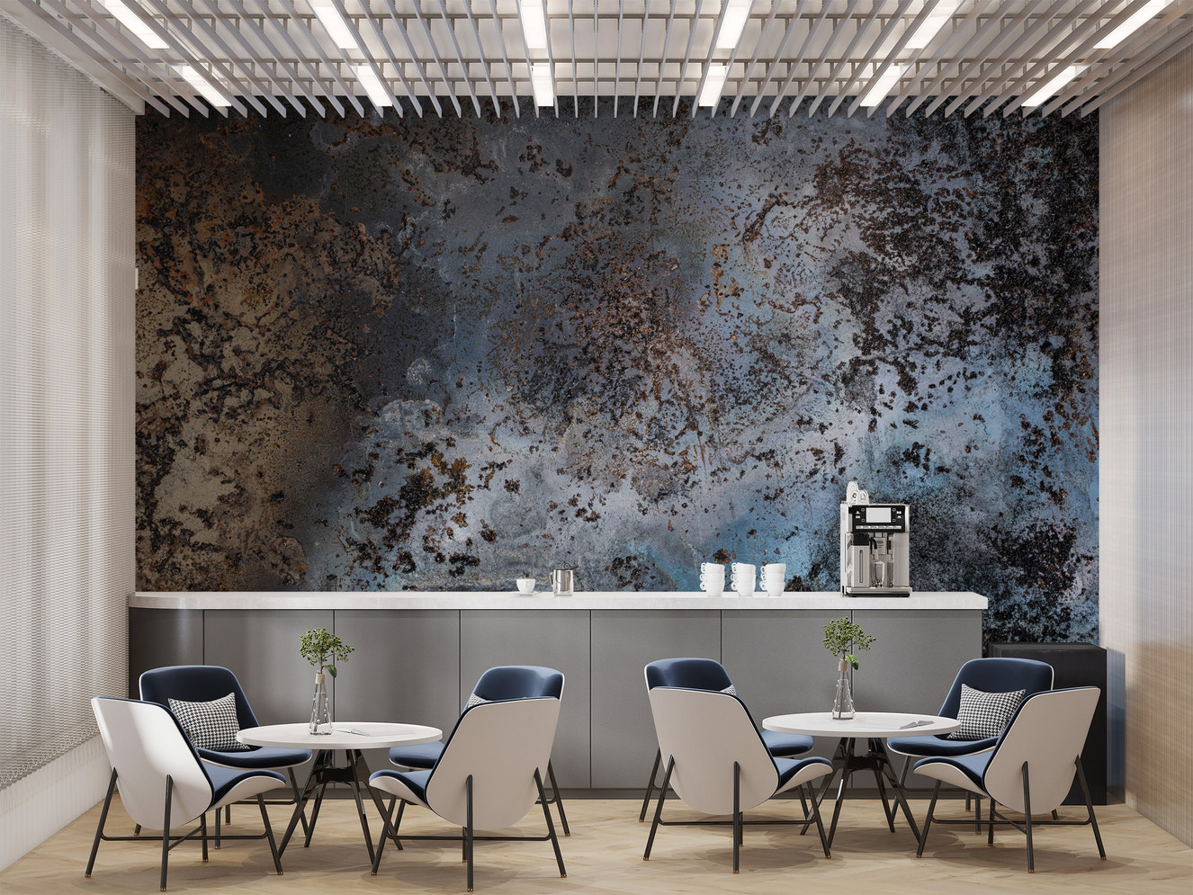 Artistic blue rust abstract mural for modern decor
