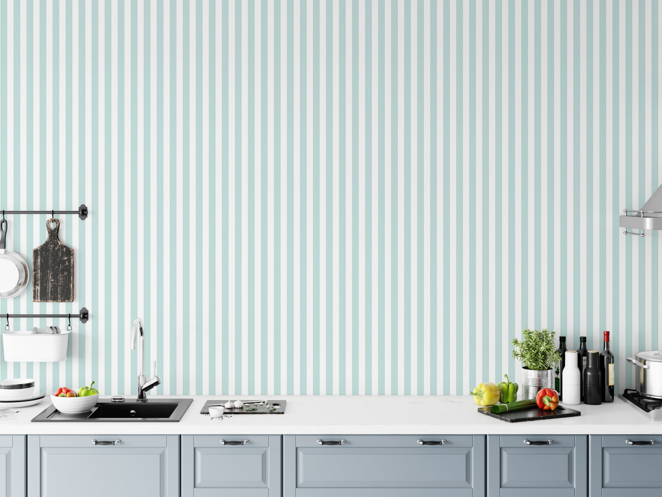 Preppy Wide Vertical Stripe Turquoise and White Color Wallpaper