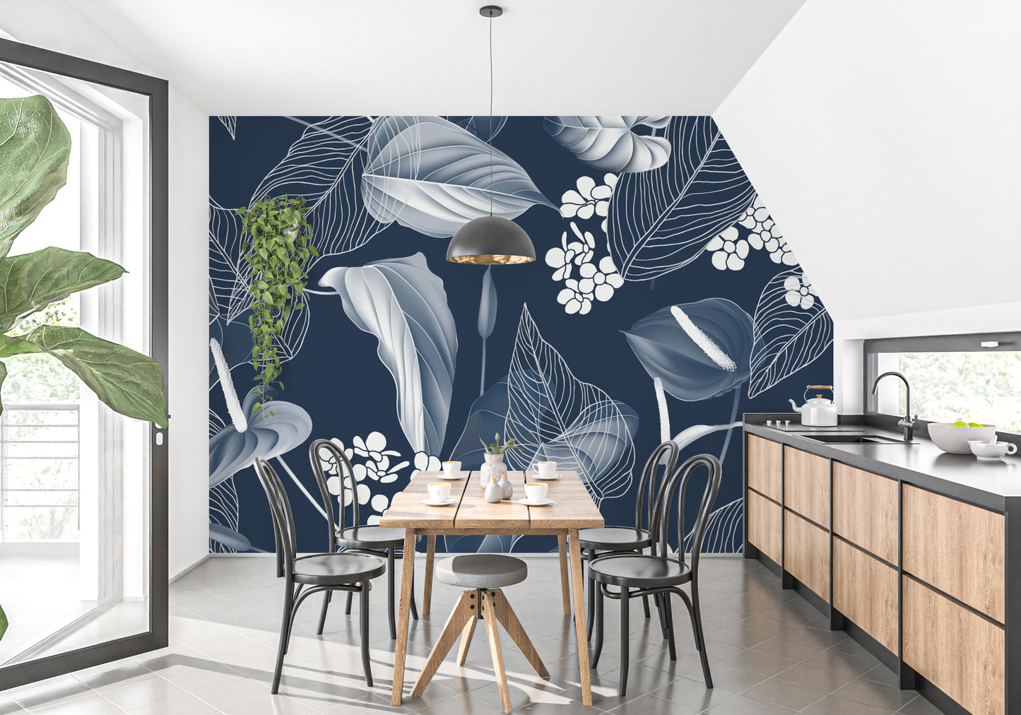 Peel & Stick Dark Blue Floral Delight Murals