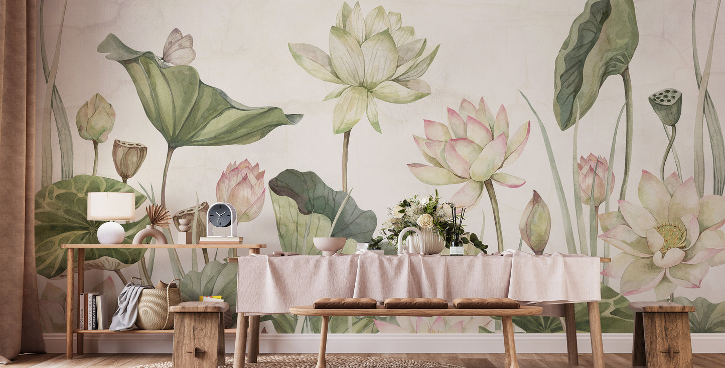 Artistic water lily mural for serene interior spaces.
