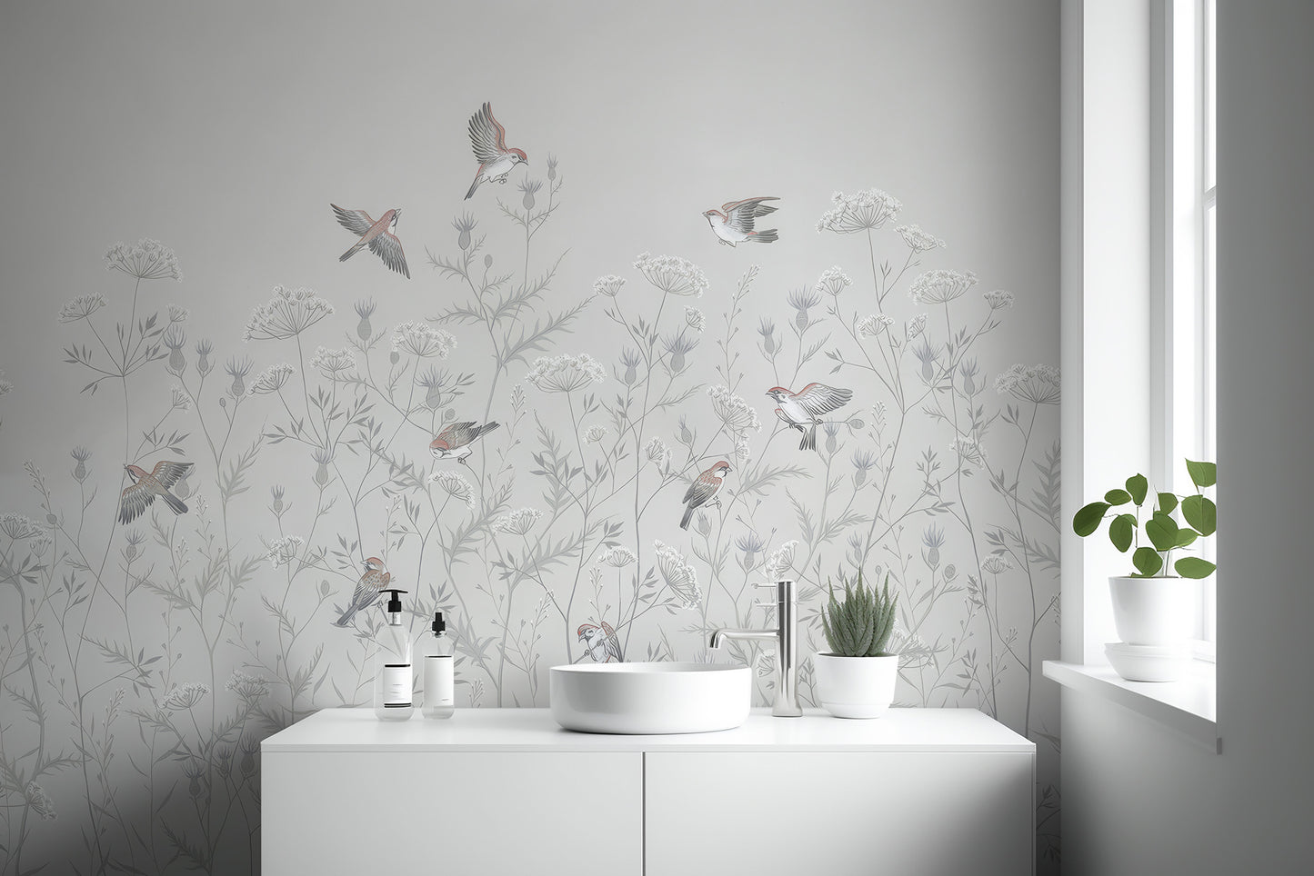 Room wallpaper featuring whispering birds and floral accents