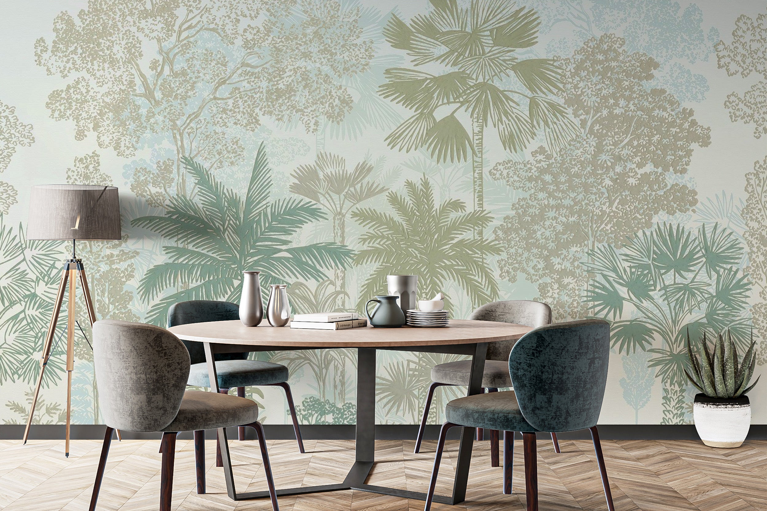 Tranquil botanical jungle mural in soothing color palette
