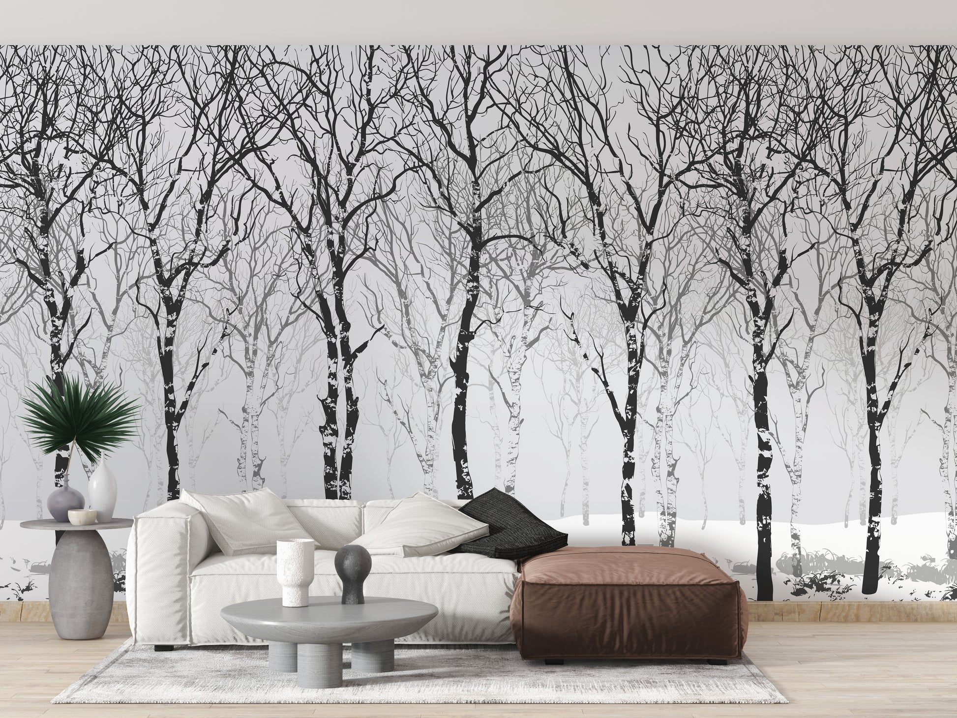 Winter birch tree wallpaper mural design