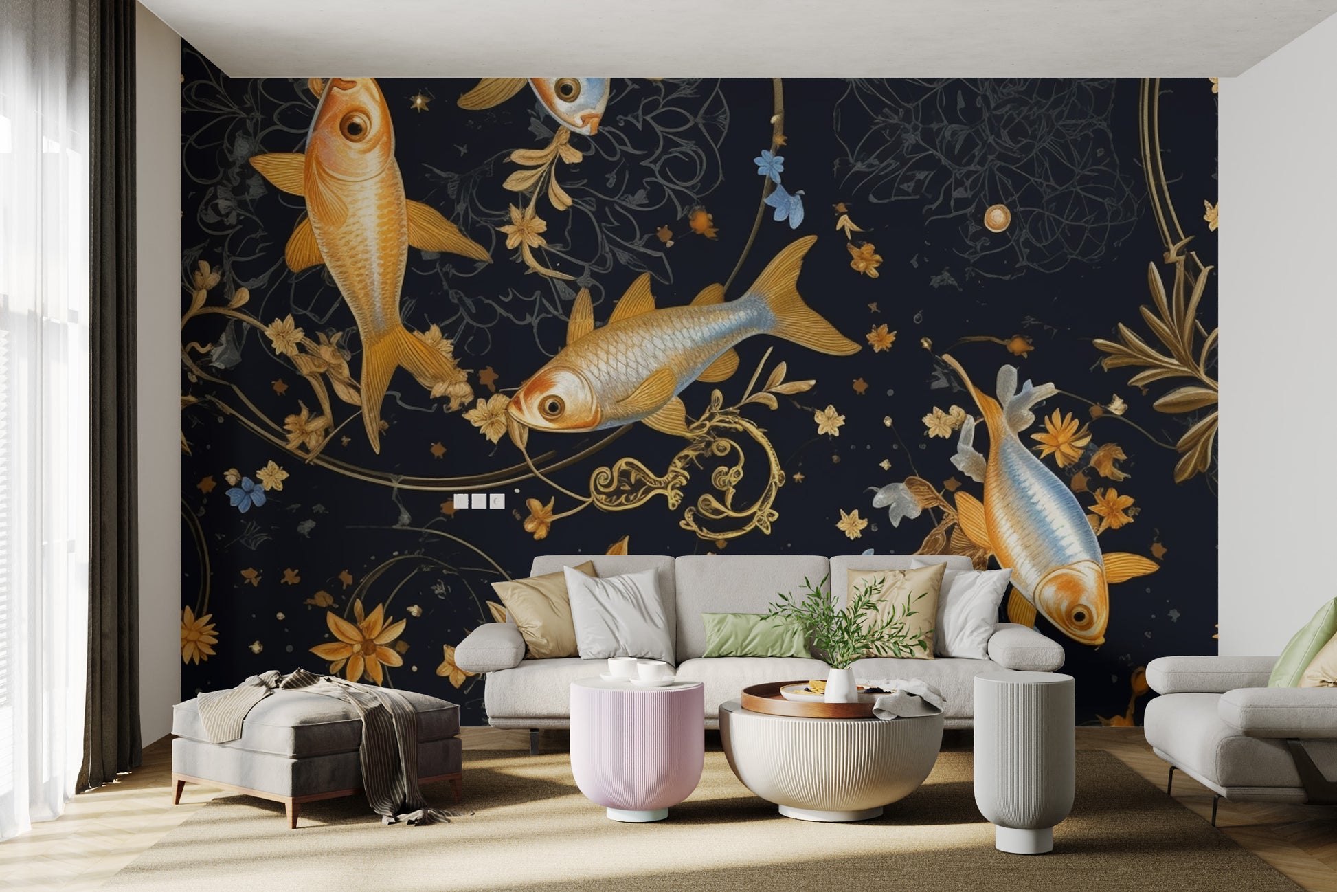 Decorative black and gold fish wallpaper for interiors