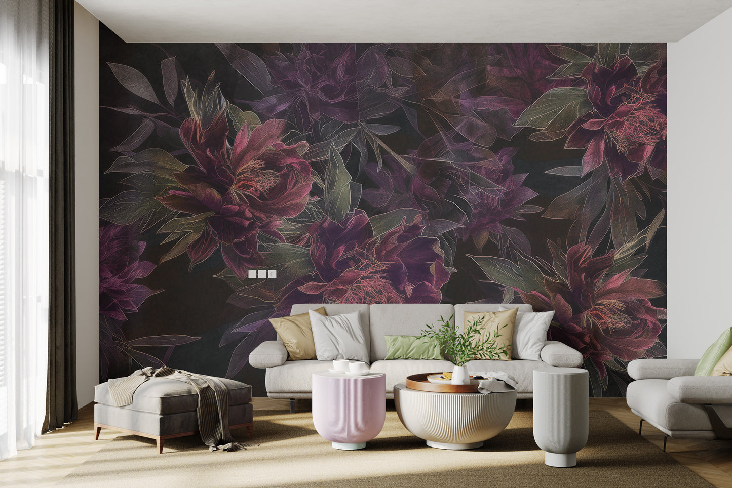 Romantic dark flower mural with intricate floral details
