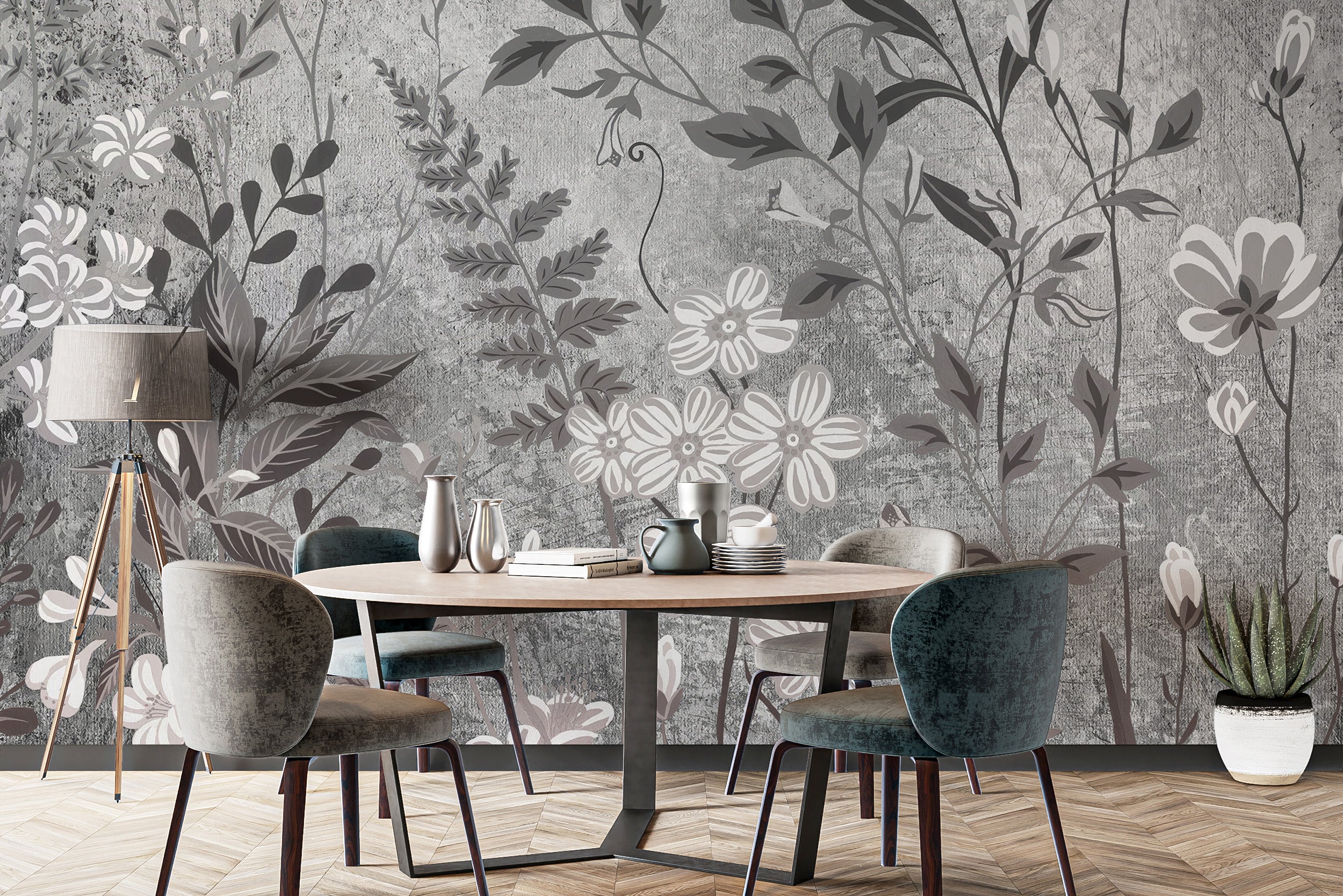 Sophisticated floral wallpaper with botanical elements
