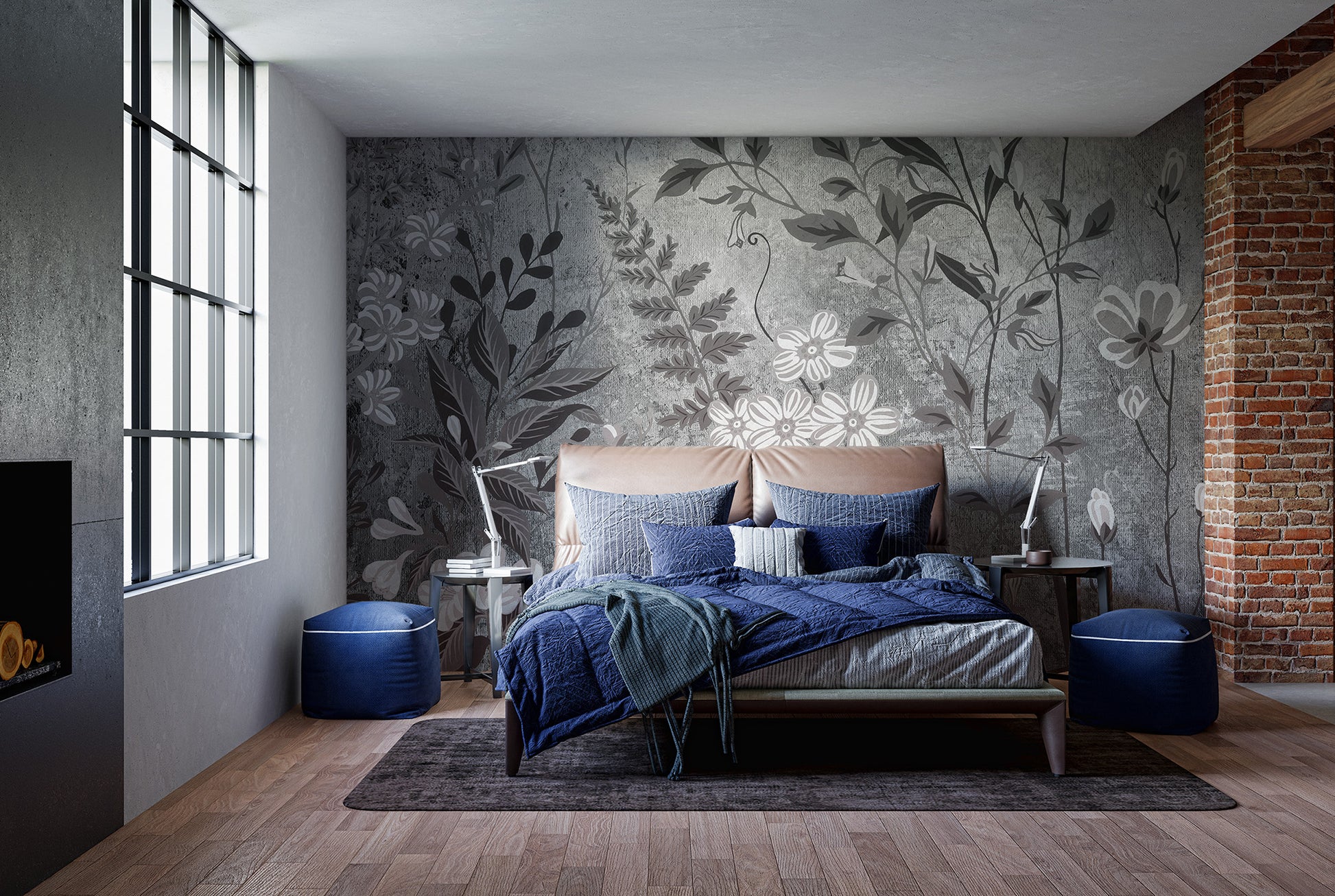 Subtle botanical flower mural for a calming ambiance
