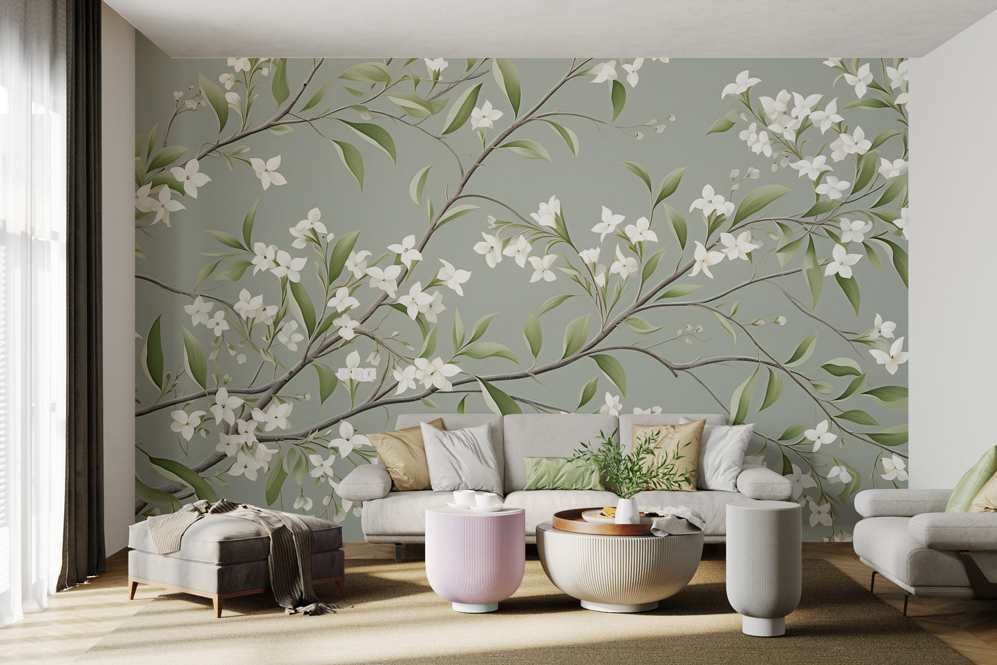 White floral branch wallpaper with soft green tones
