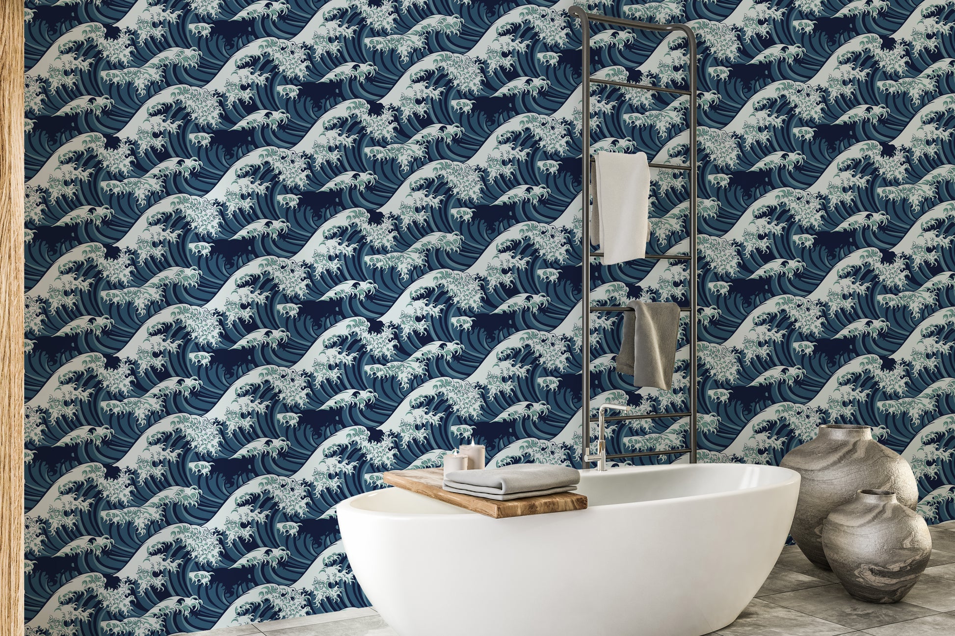 Japanese wave pattern bathroom wallpaper for walls