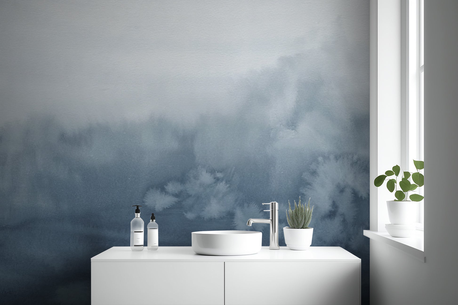 Modern blue watercolor mural with artistic paint effects
