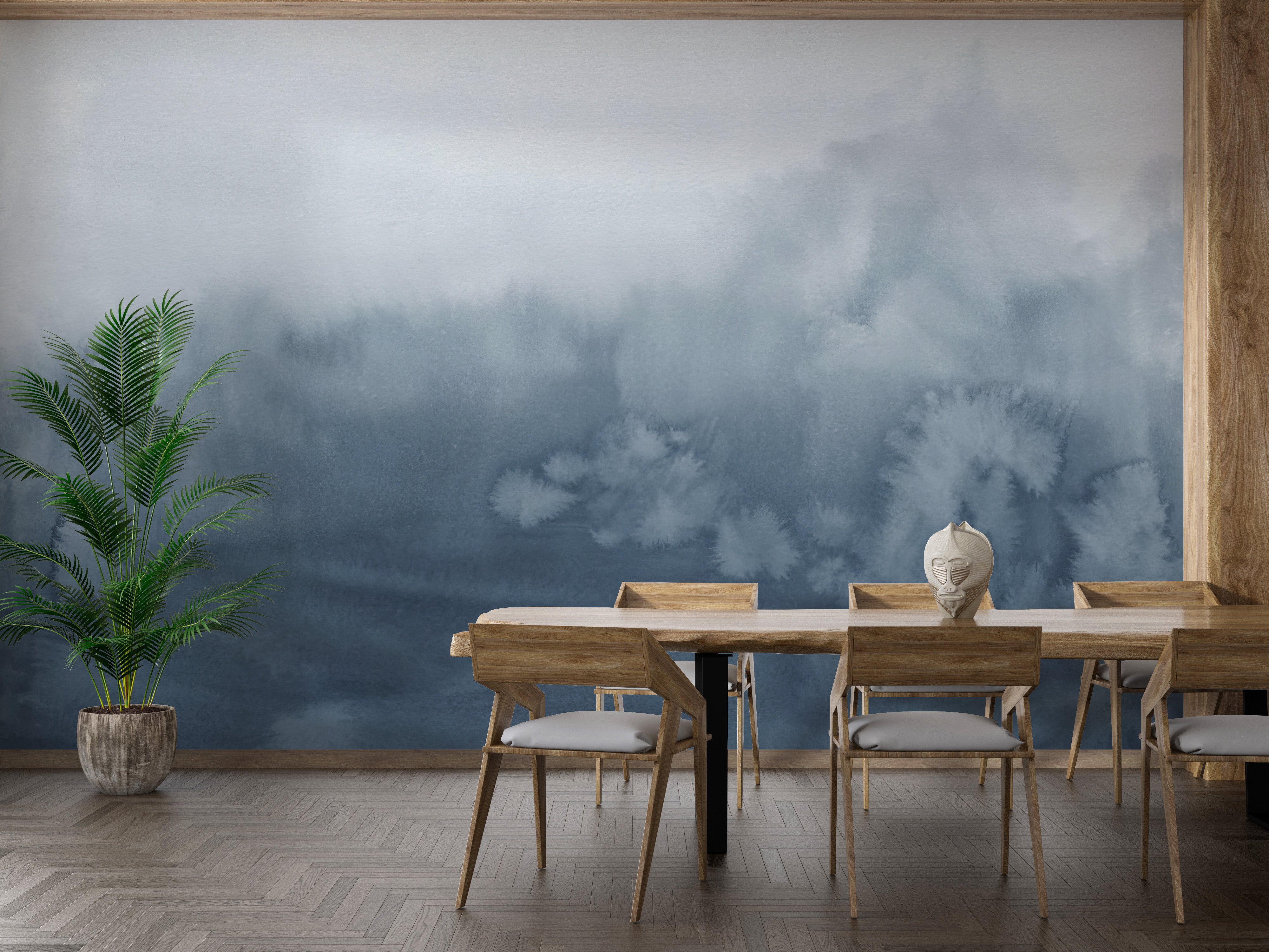 Relaxing mural featuring flowing blue watercolor artwork
