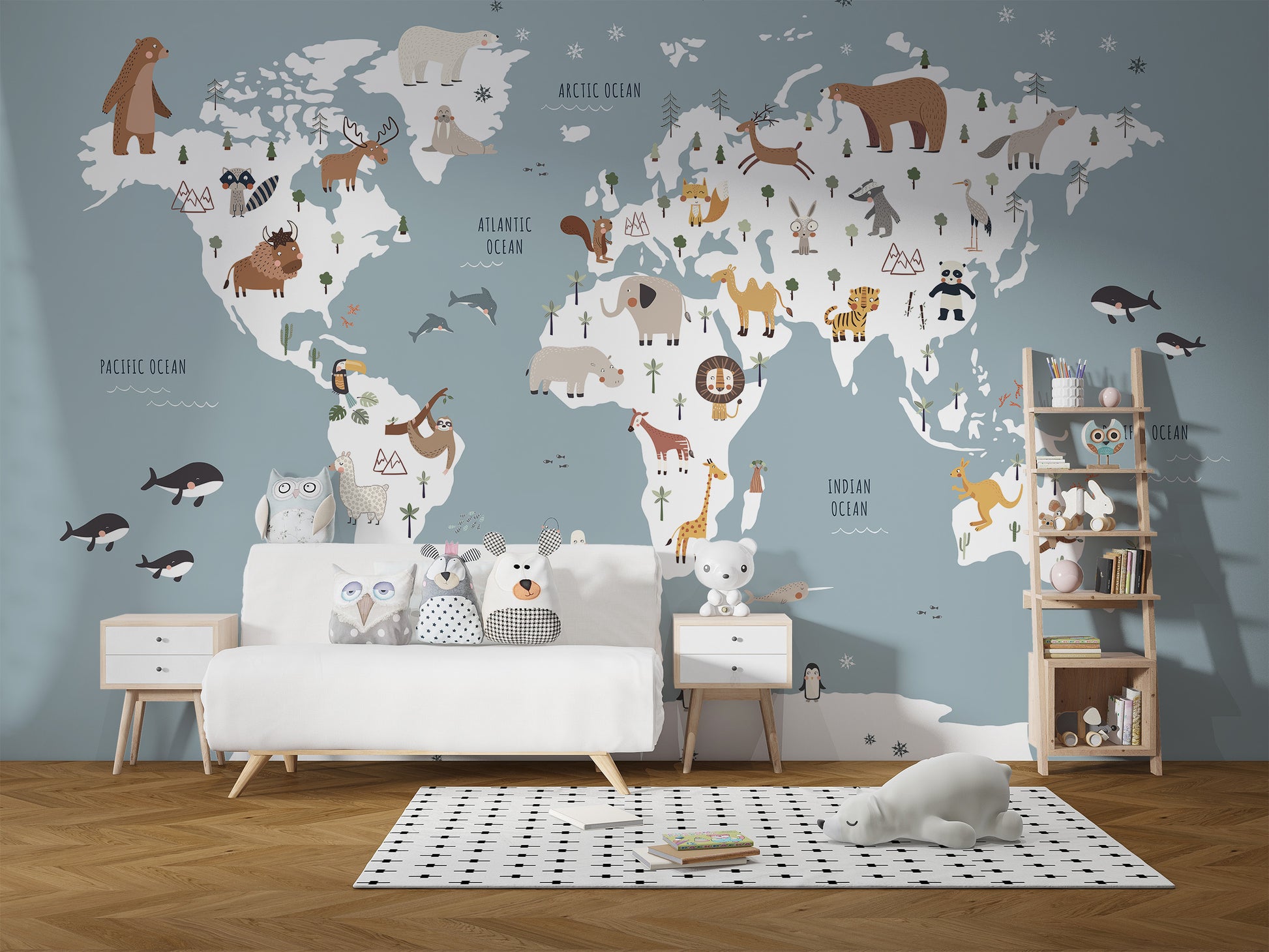 Vibrant wall mural with animals and continents in blue tones
