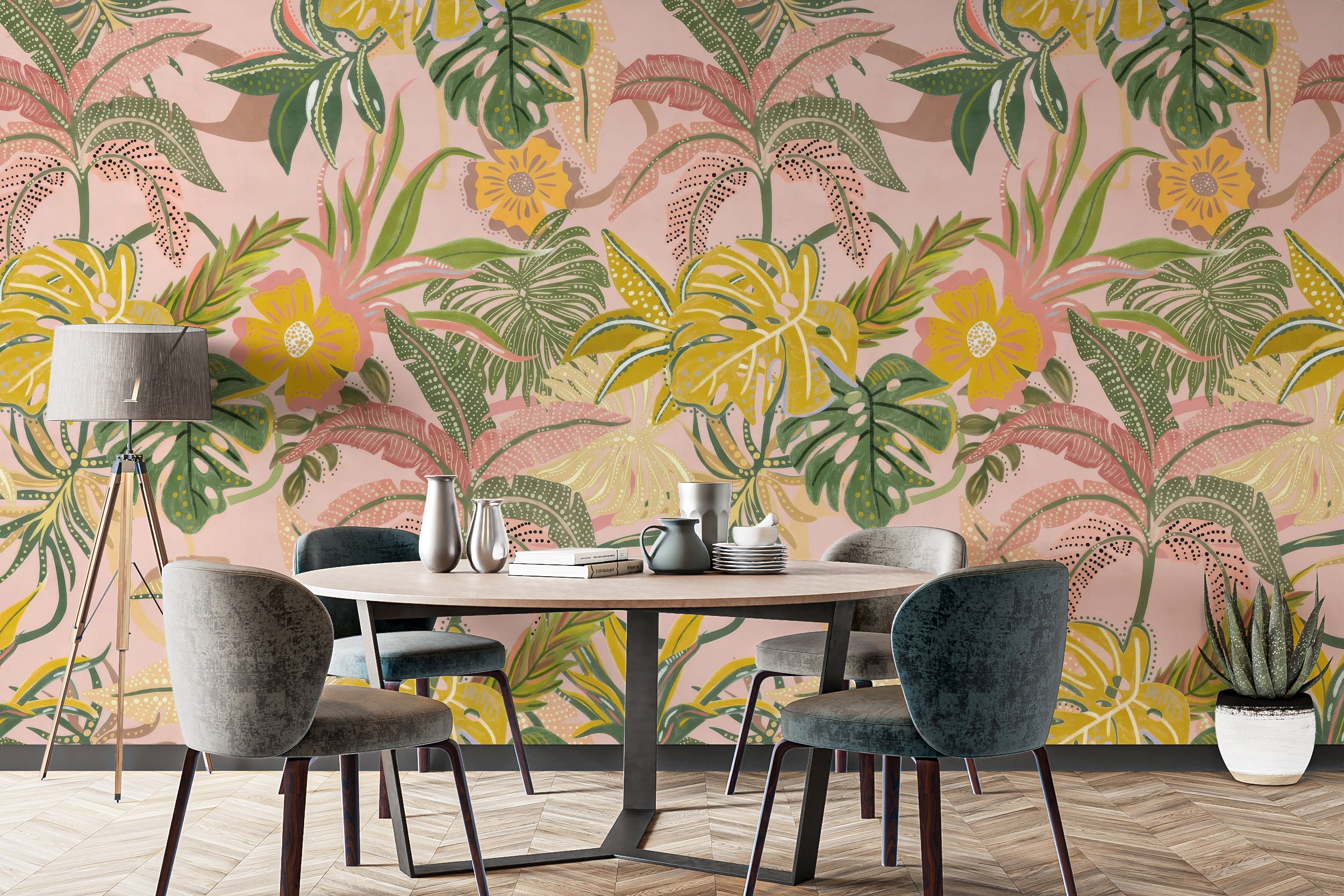 Scenic colorful tropical leaves mural for bold room design
