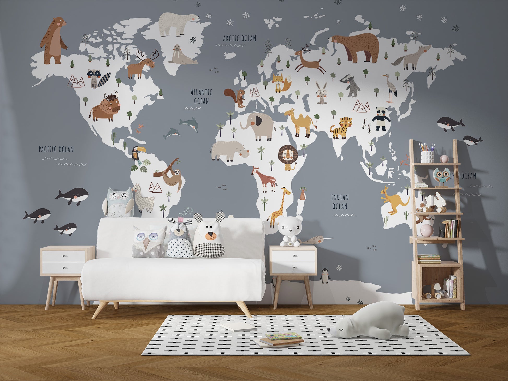 Fun world map mural for kids' room decor
