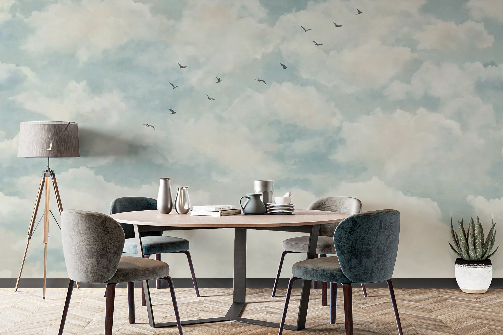 Peaceful watercolor sky mural with clouds and birds
