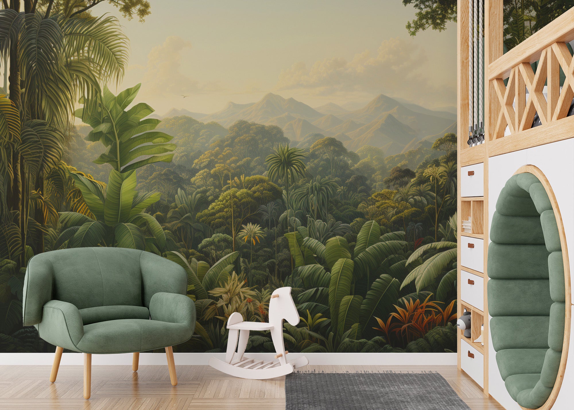 Dense green tropical rainforest mural for natural decor
