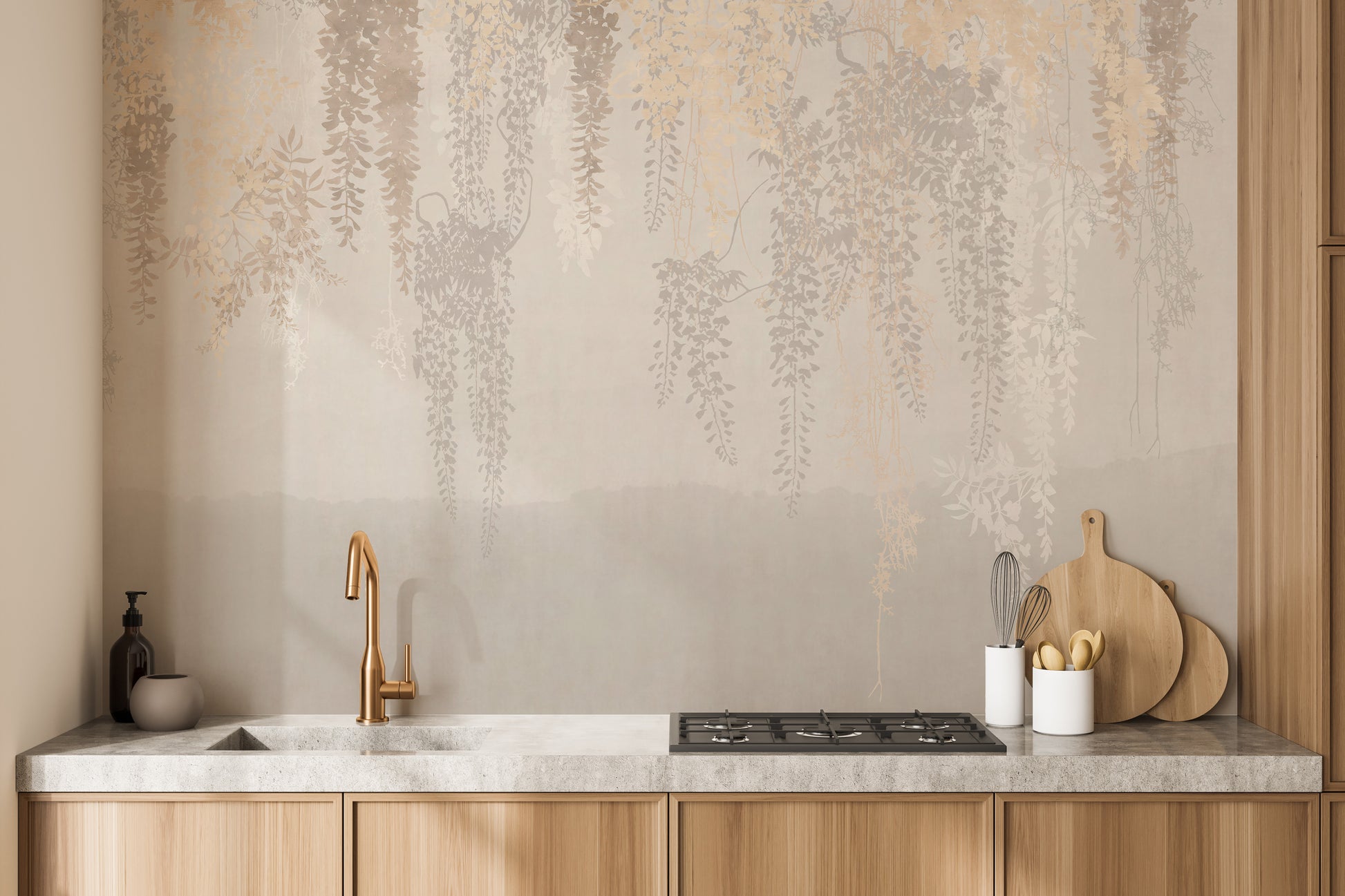 Elegant Hanging Leaves Wallpaper in Golden Beige Tones