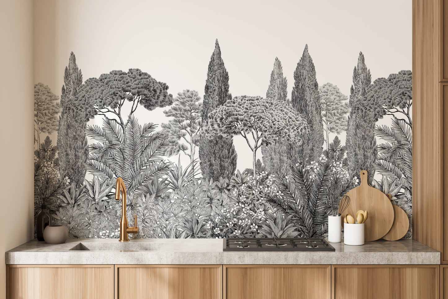 Grey forest mural with drifting deodar trees