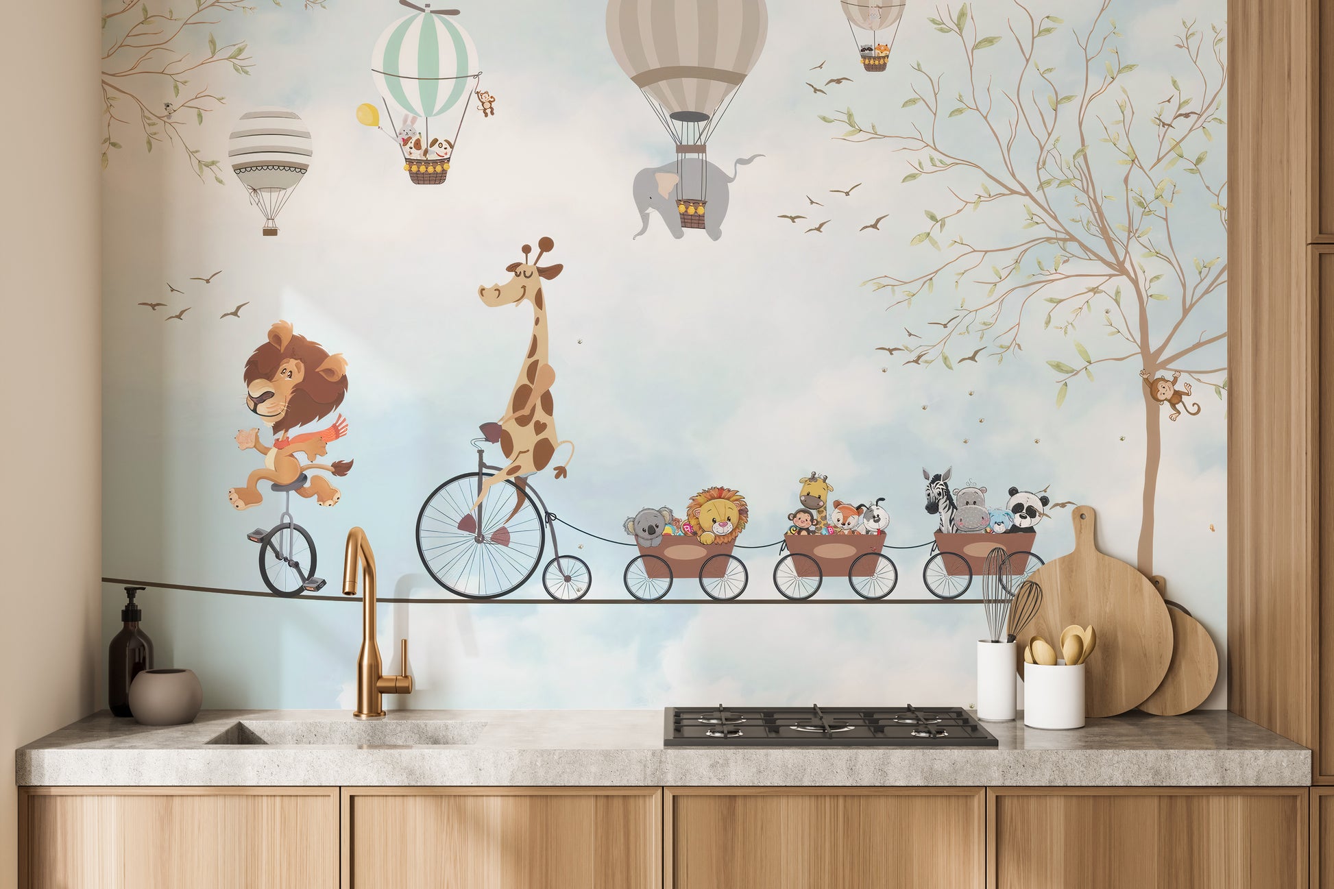 Whimsical animal acrobat wall mural for decor
