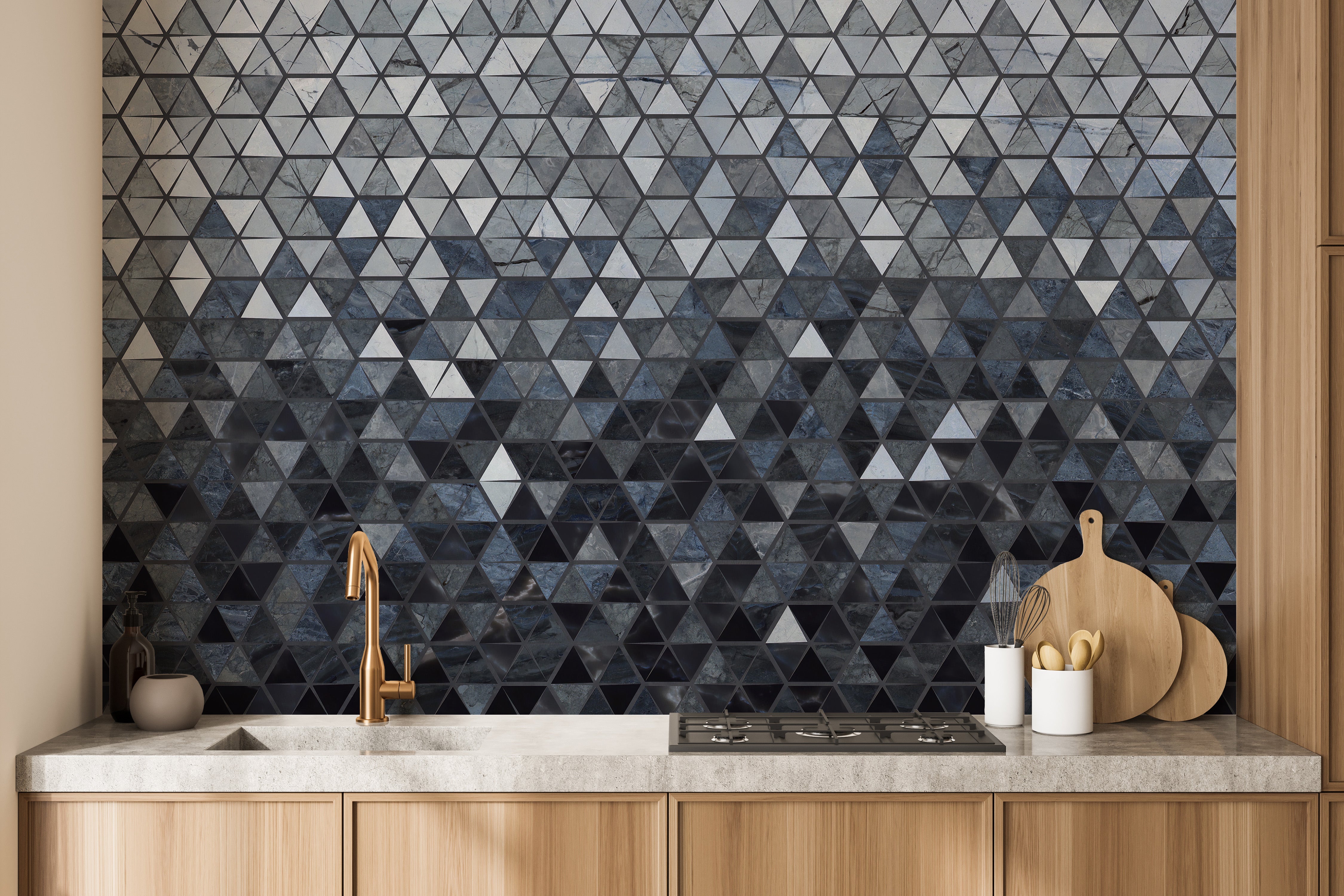 Modern triangle pattern in blue wallpaper.
