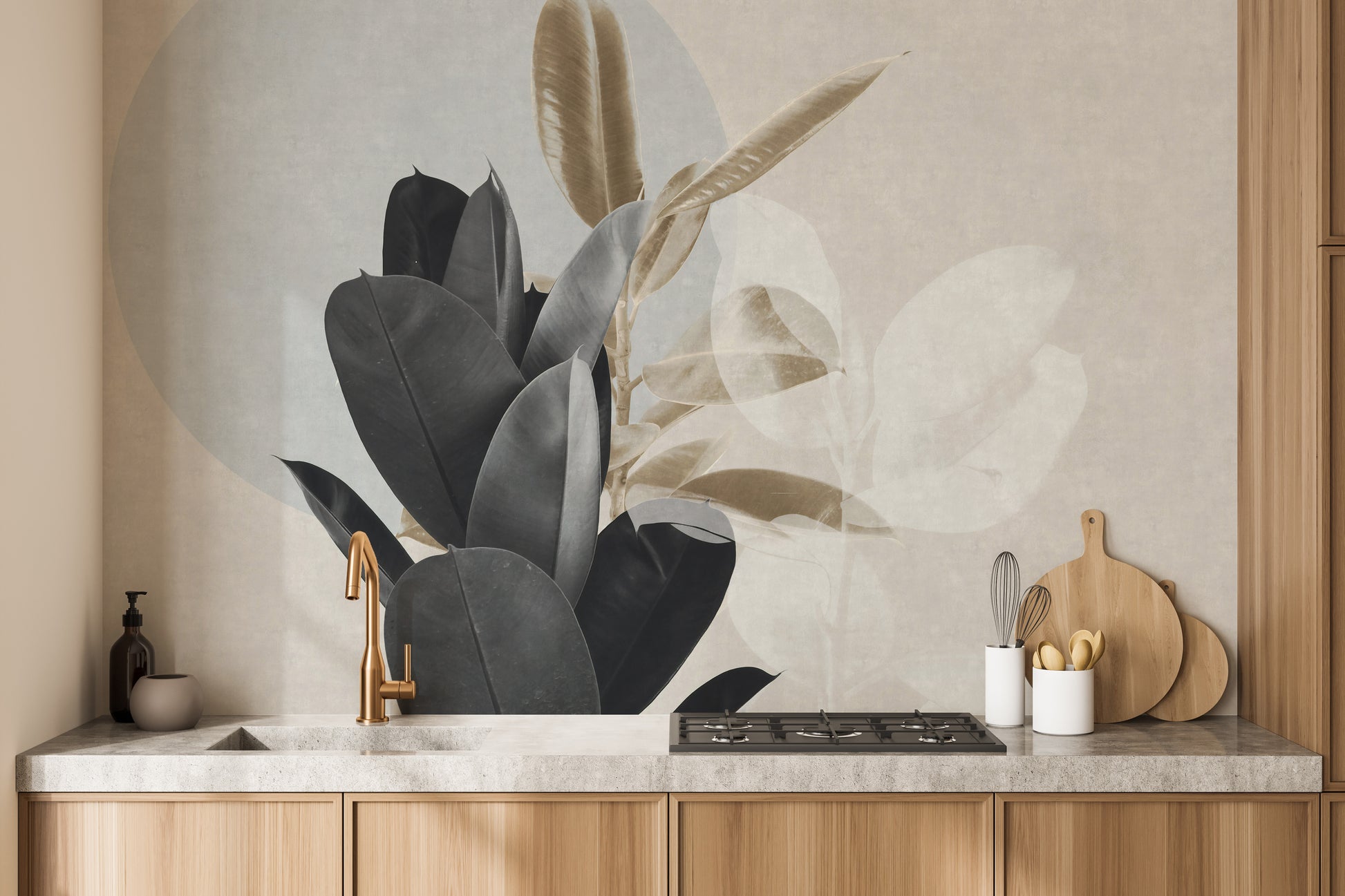 Modern black and beige leaf pattern wallpaper.
