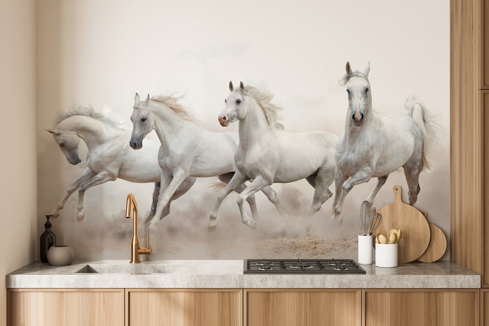 Serene horse herd mural with natural beauty.
