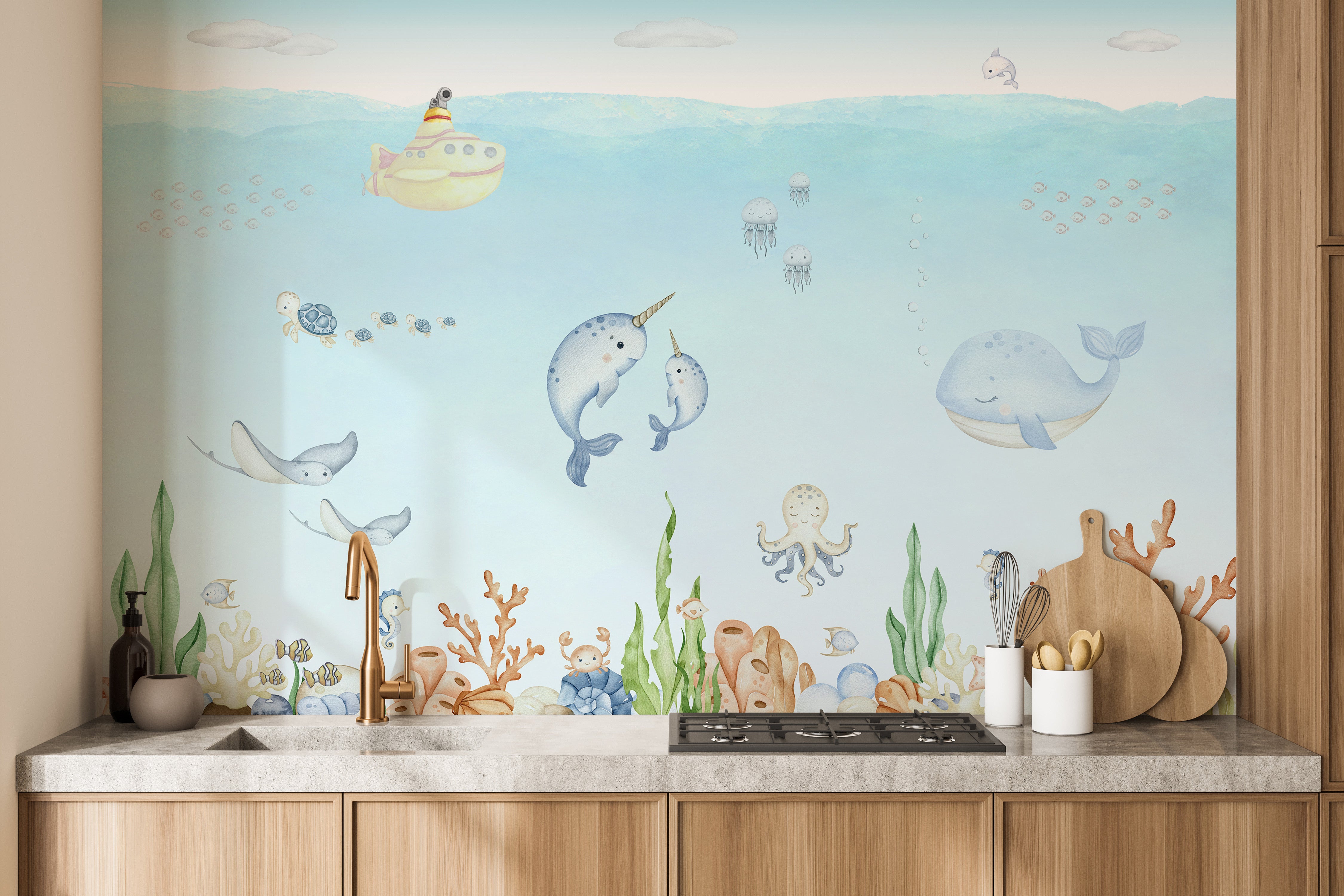 Vibrant wall mural showcasing underwater marine creatures
