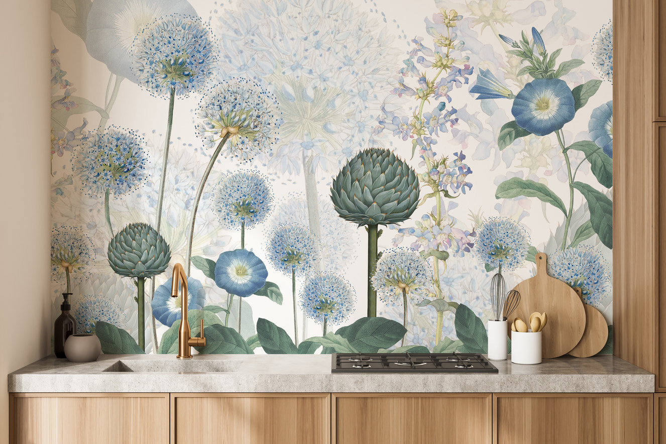 Stunning wall mural featuring vibrant azure floral designs
