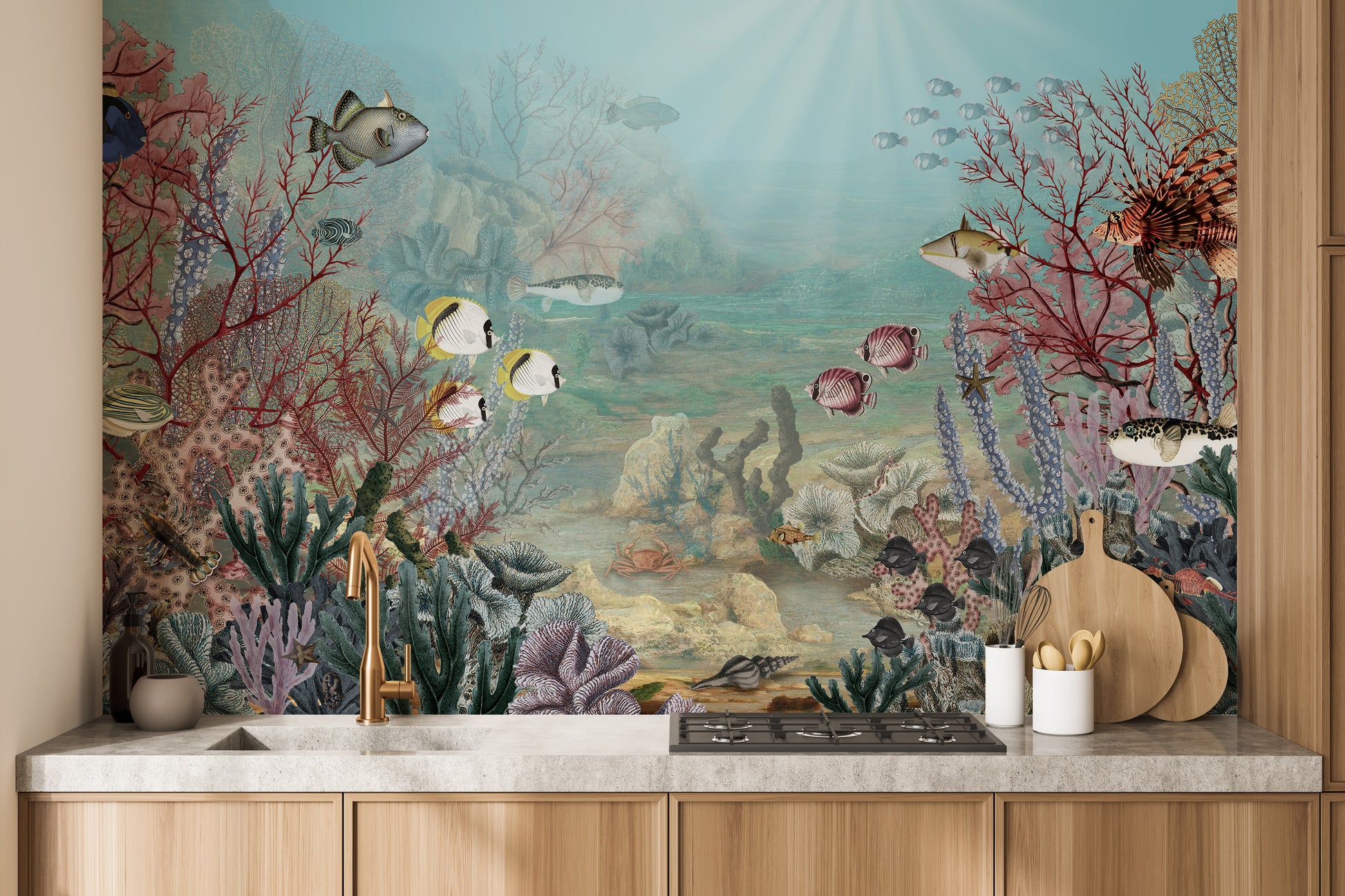 Underwater coral reef with exotic sea life mural.
