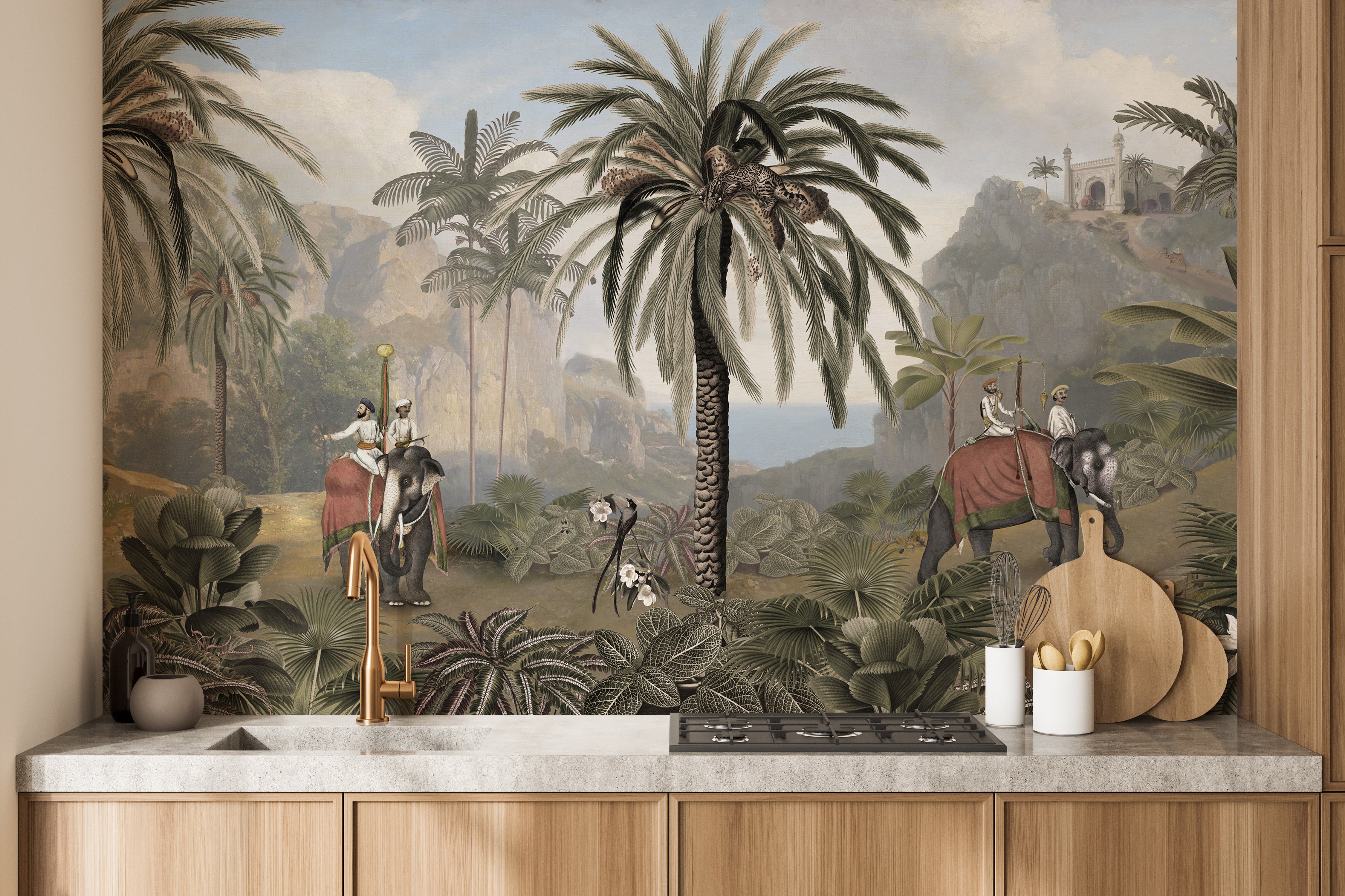 Exotic jungle mural with rich plant and animal detail.
