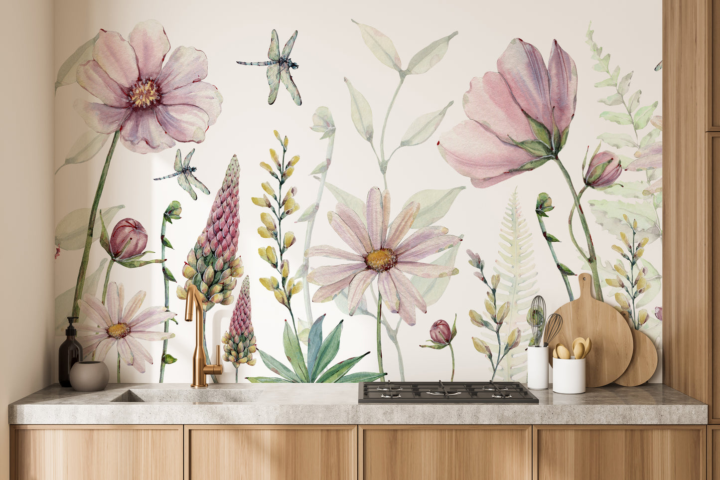 Artistic floral wall mural with watercolor elegance.
