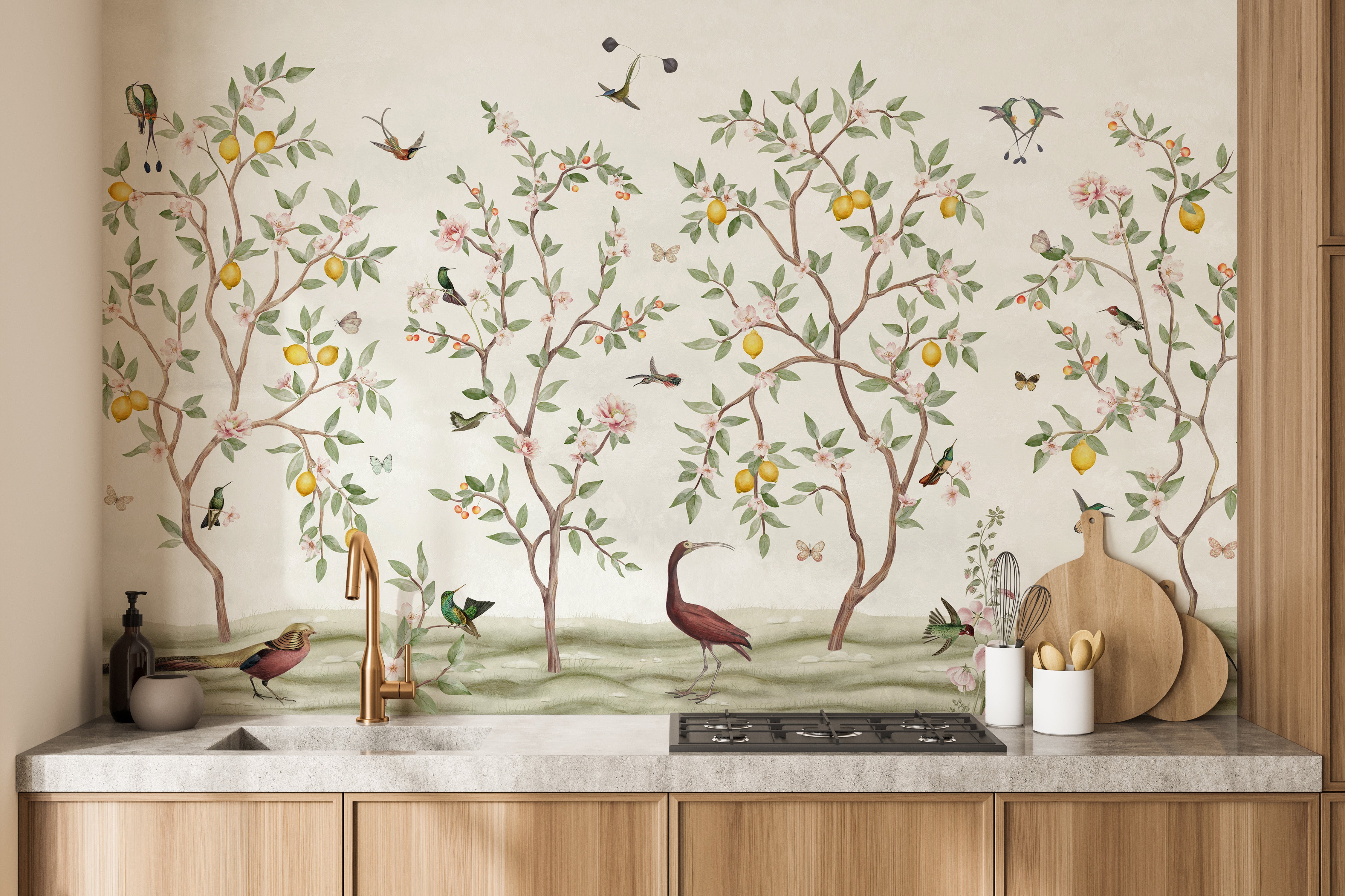 Classic Chinoiserie mural with vibrant lemon trees.
