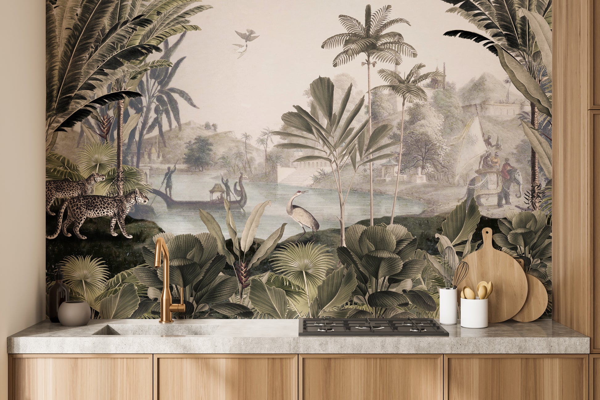 Sepia jungle mural featuring an enigmatic landscape.
