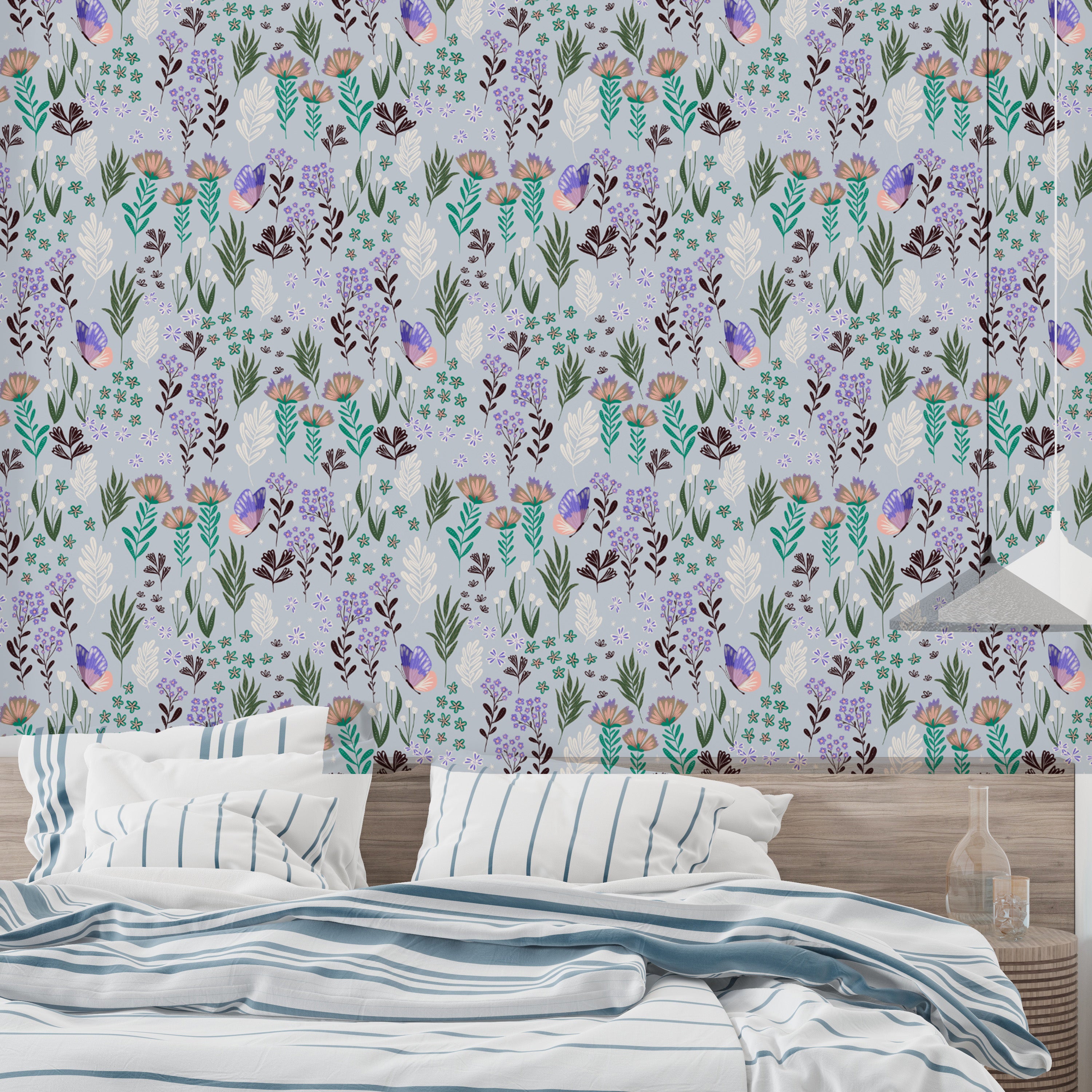 Butterfly meadow pattern for elegant purple wall decor
