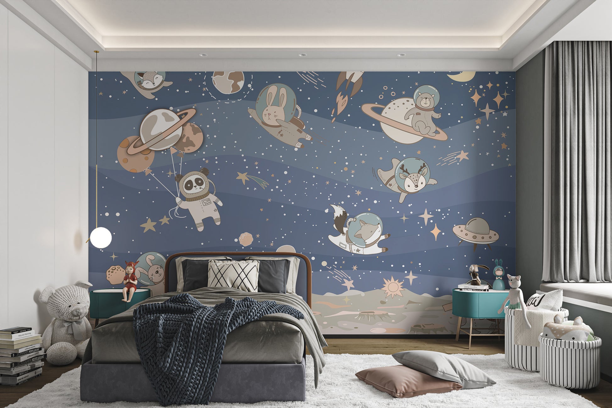 Fun space-themed mural with animal astronauts