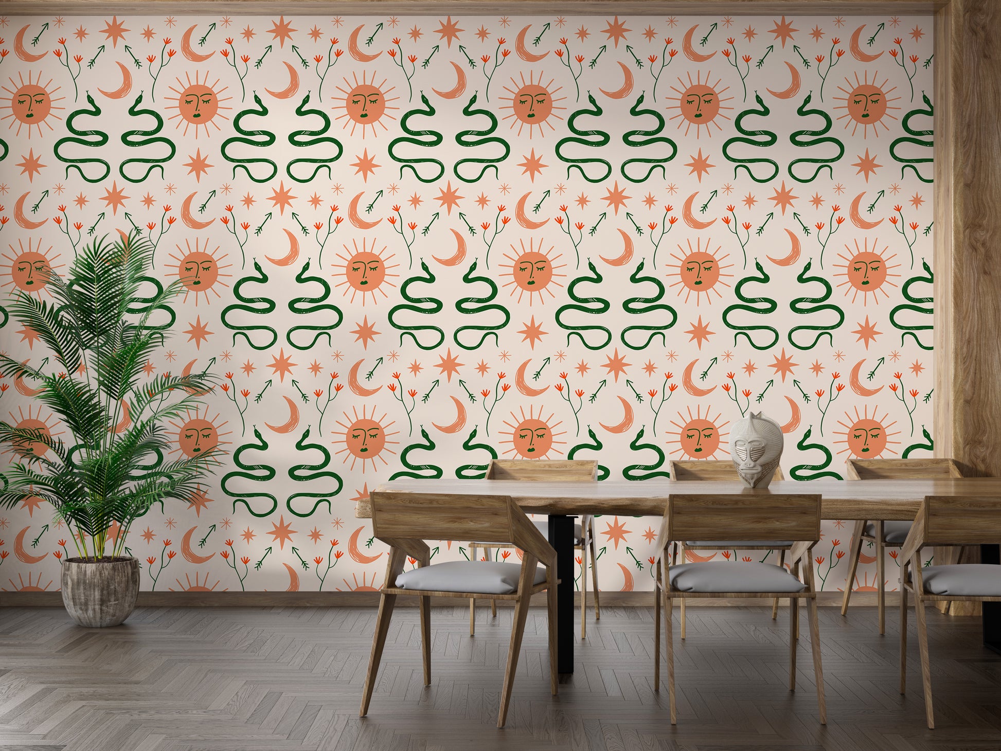 Stylish Boho wallpaper featuring snakes, moon, and sun.