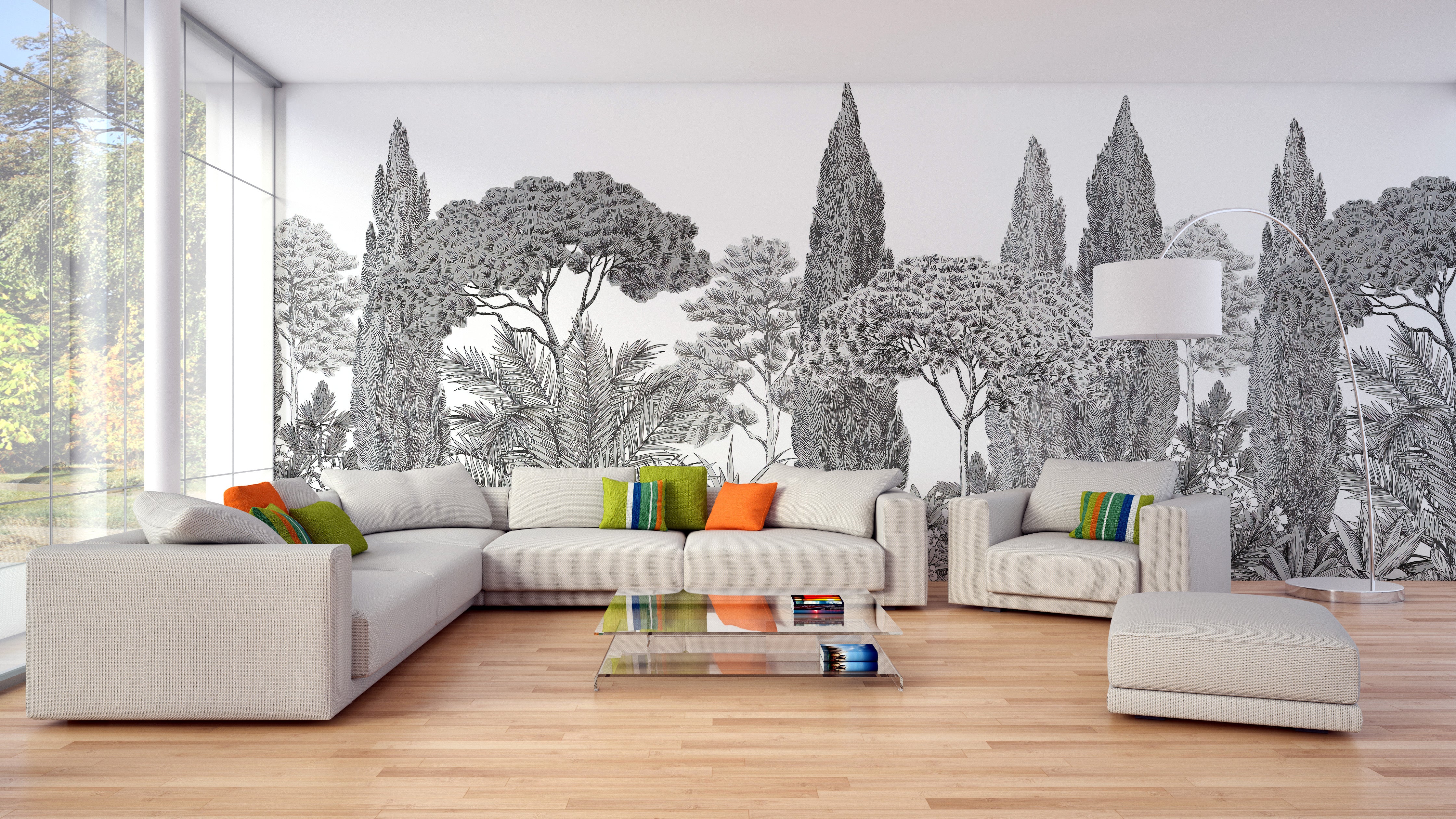 Serene deodar tree mural in soft grey tones