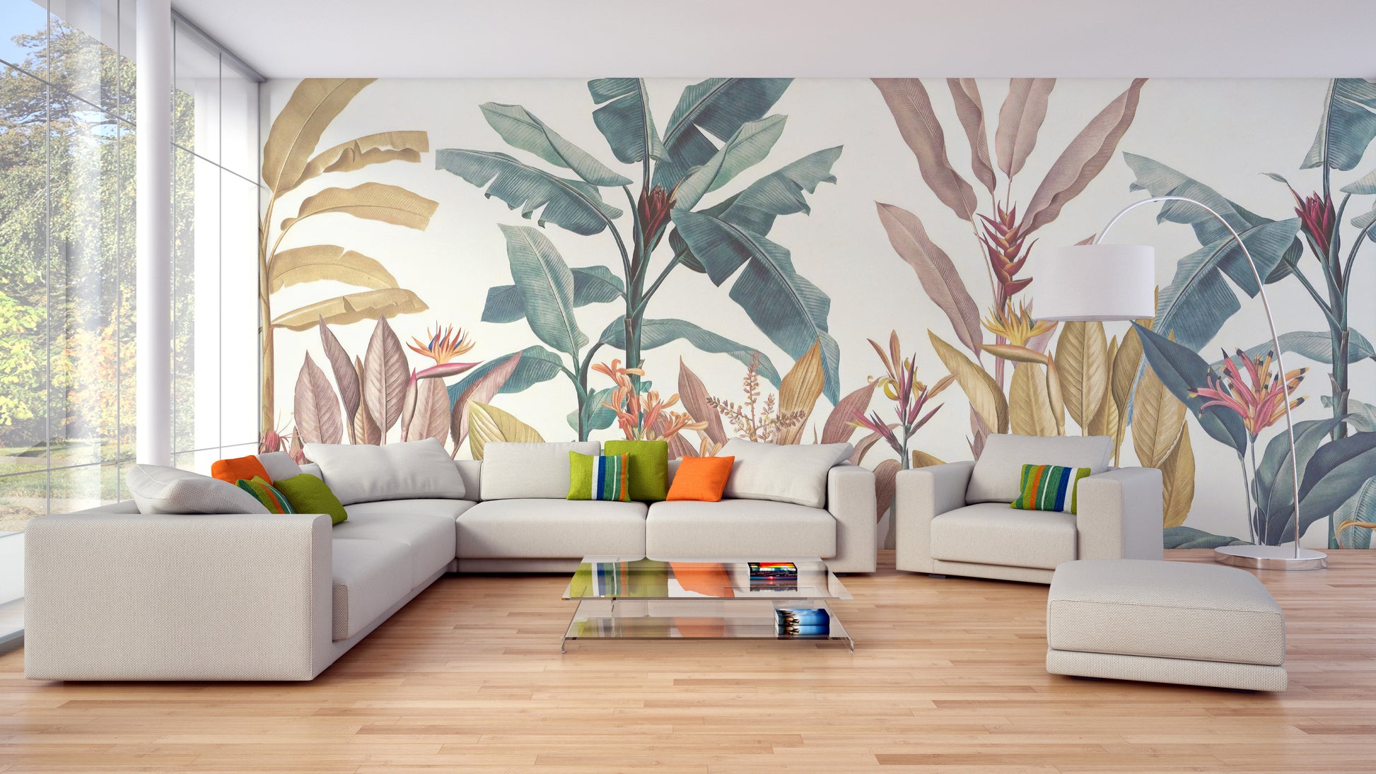 Stylish green and pink wall design mural
