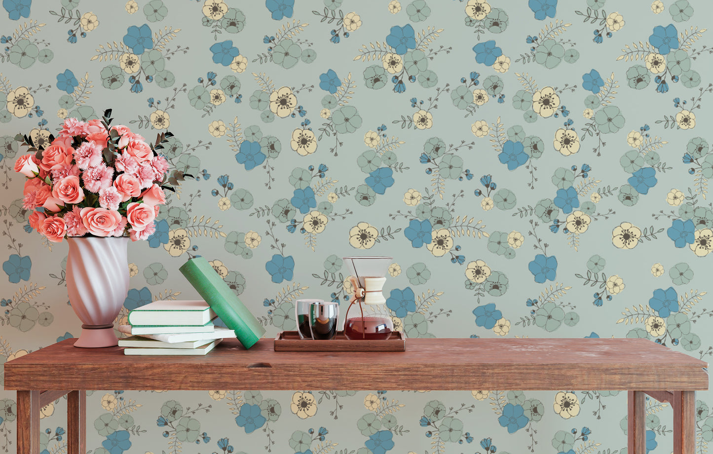 Ditsy Blooms Pastel Blue Wallpaper