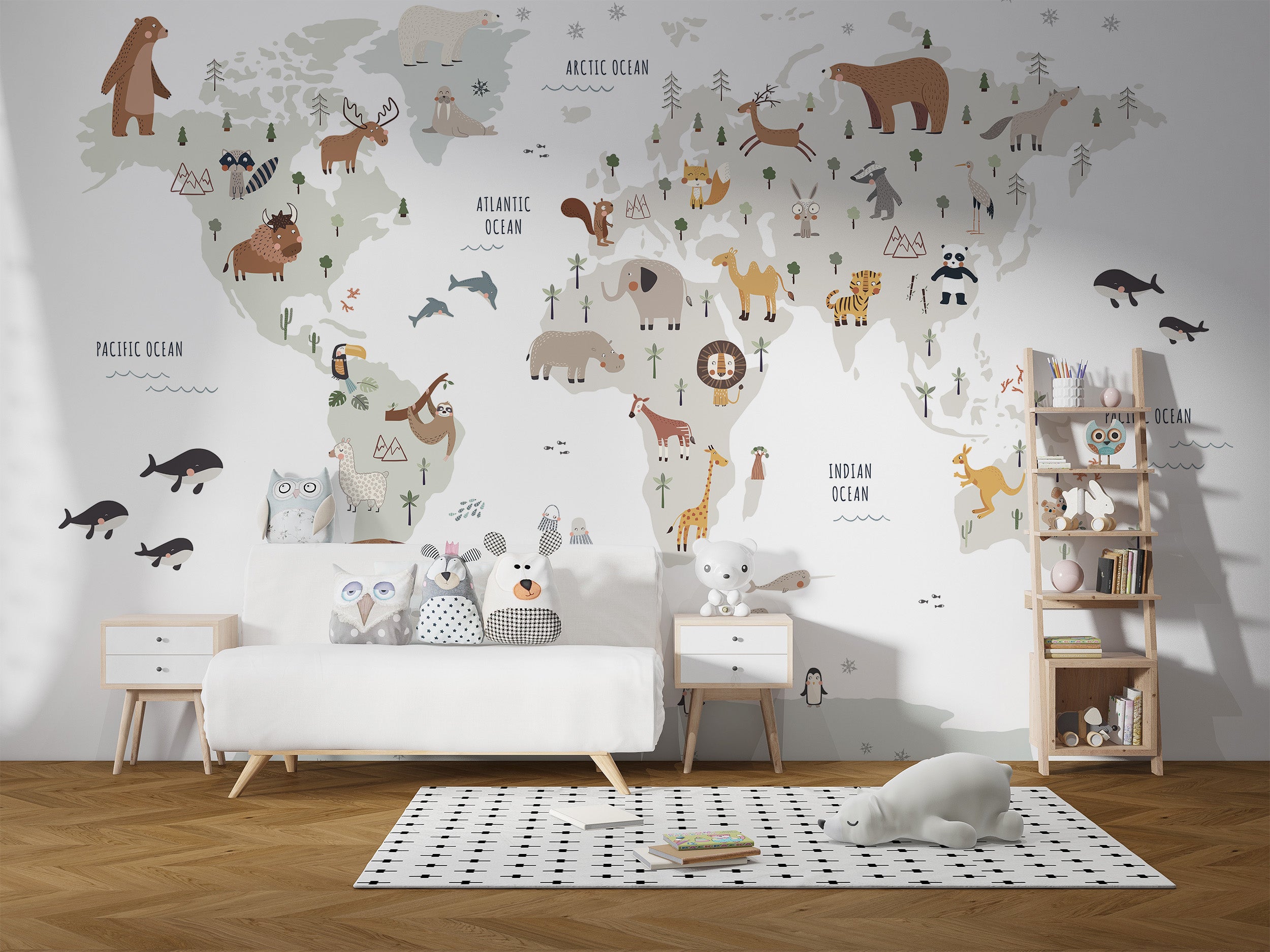 Minimalist white world map design with animals for walls
