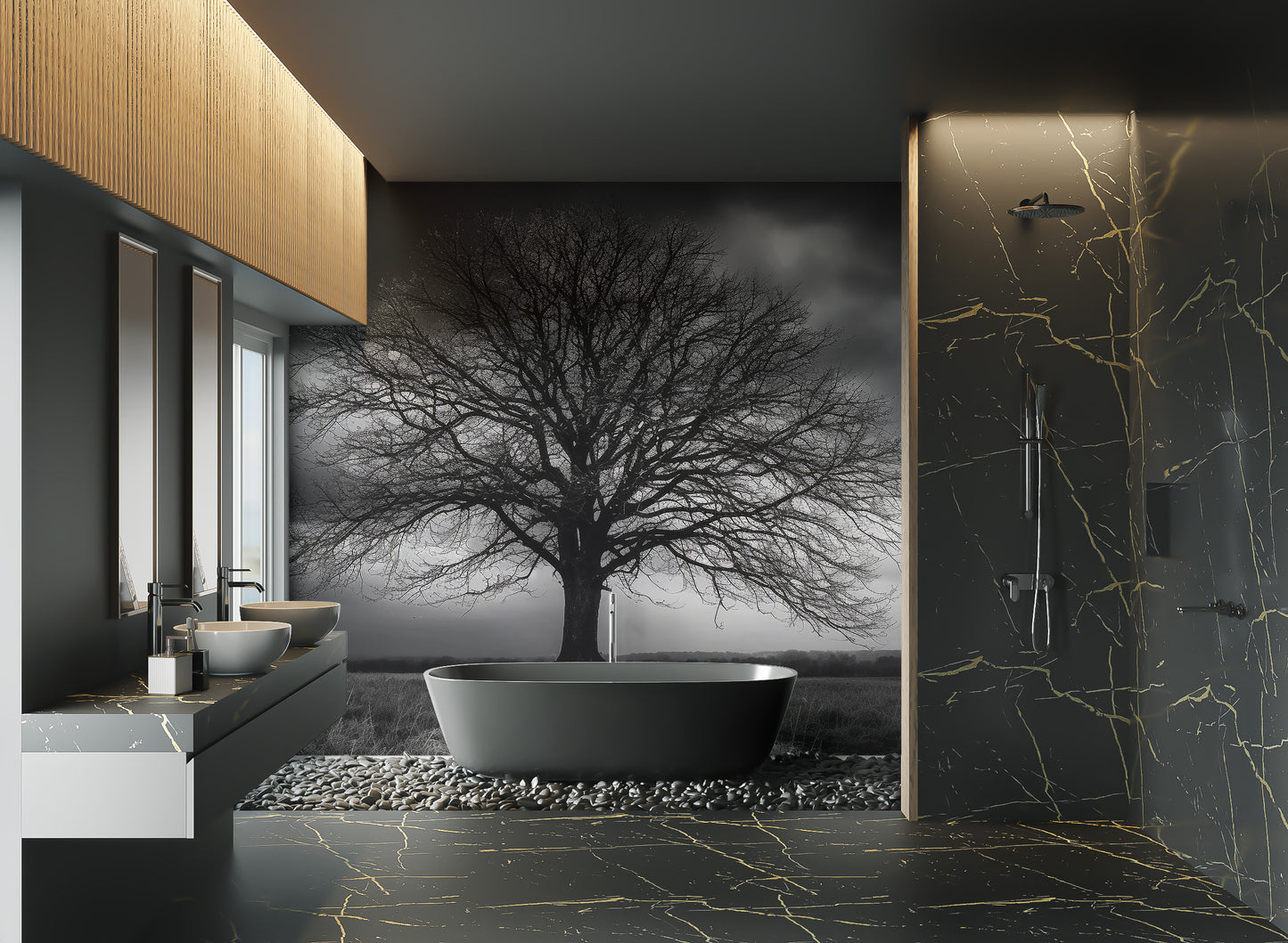 Dramatic silhouette tree wall covering
