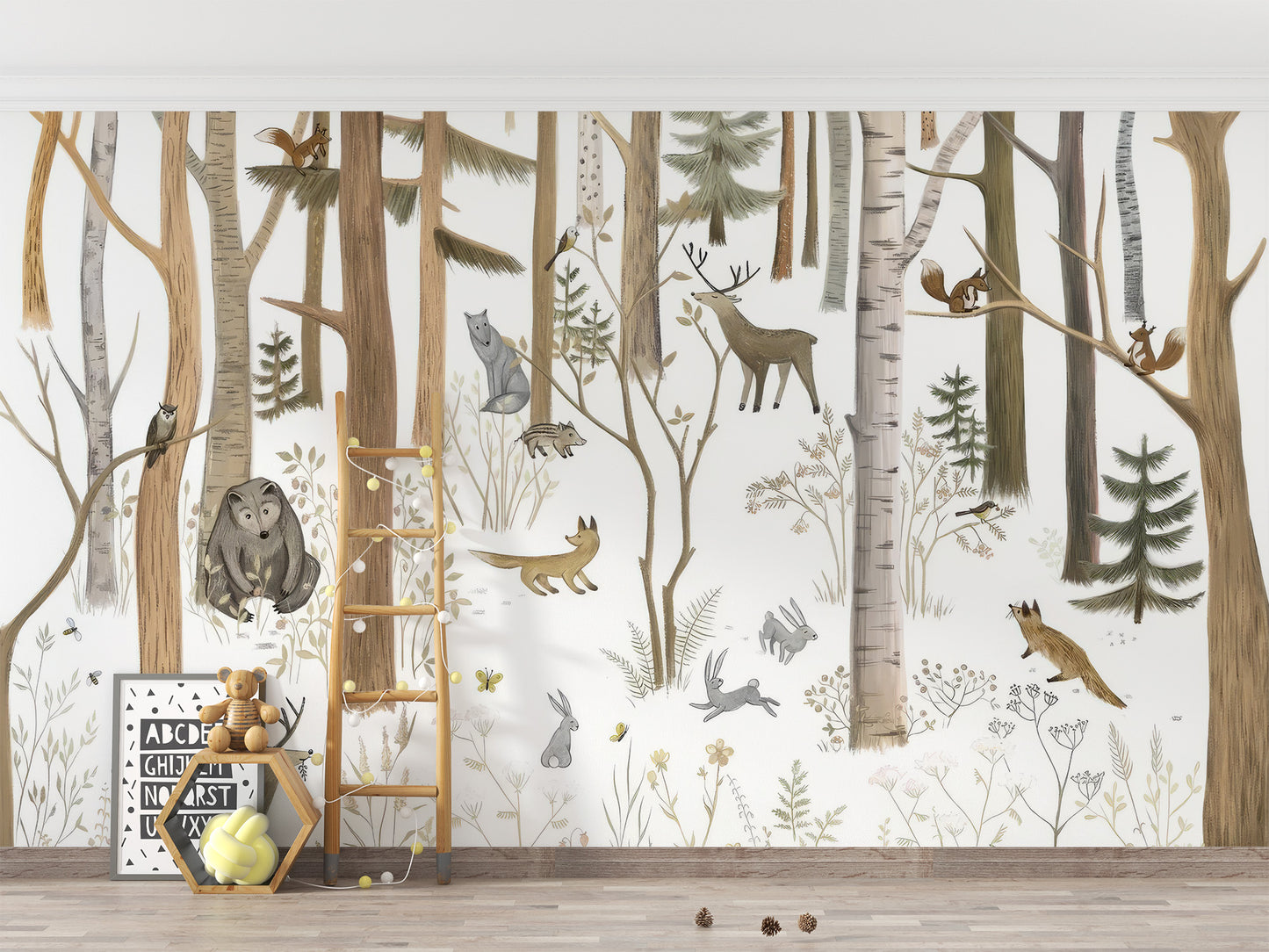 Removable woodland forest mural for child-friendly spaces