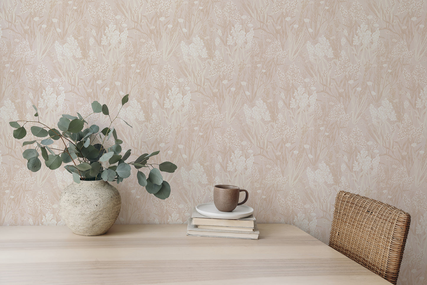 Pink Color Nostalgic Botanical Leaf Pattern Wallpaper