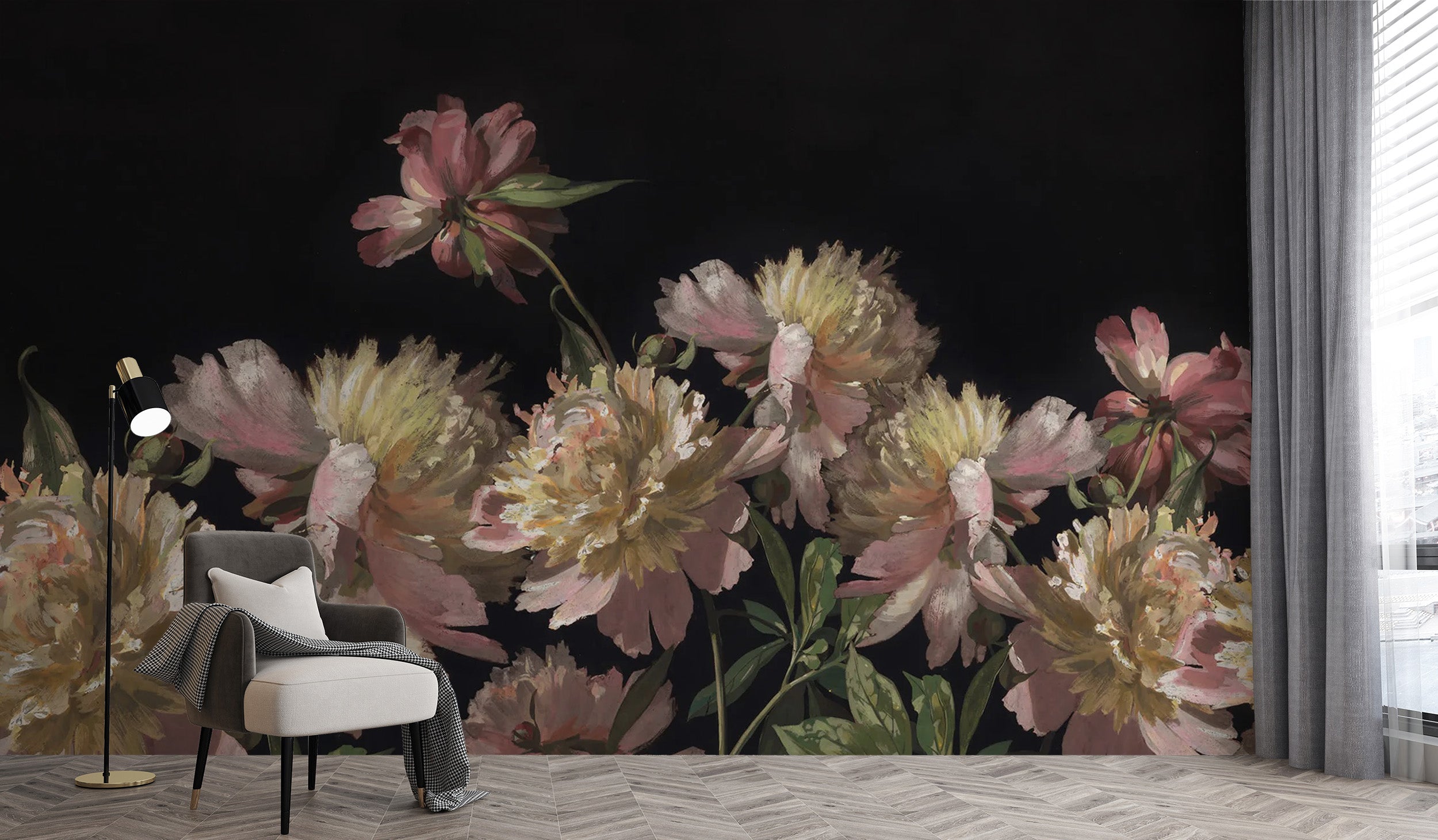 Sophisticated watercolor peony wallpaper for tranquil rooms
