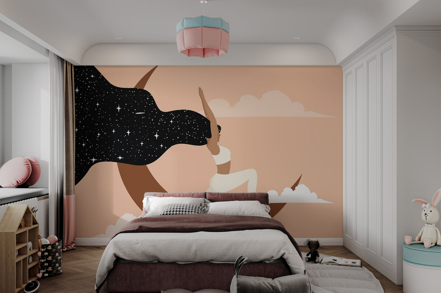 Calming yoga pose mural with a moonlight backdrop