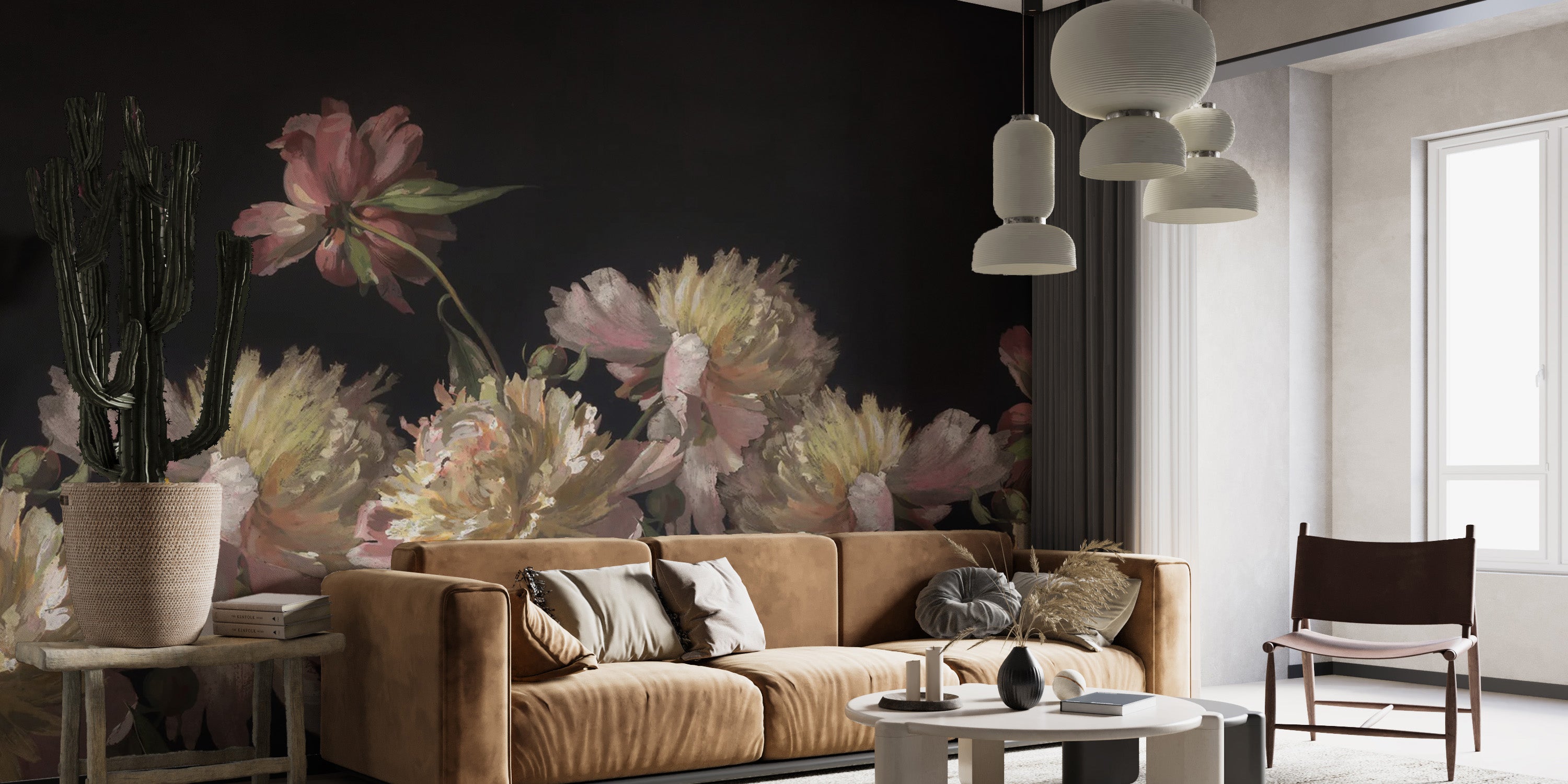 Delicate peony blossom mural in soothing watercolor design
