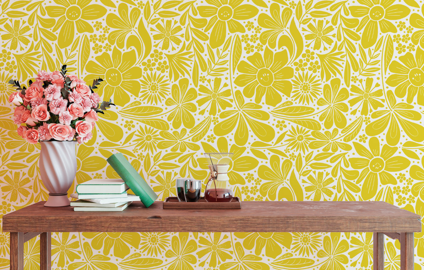 Decorative wallpaper featuring yellow happy blooms pattern
